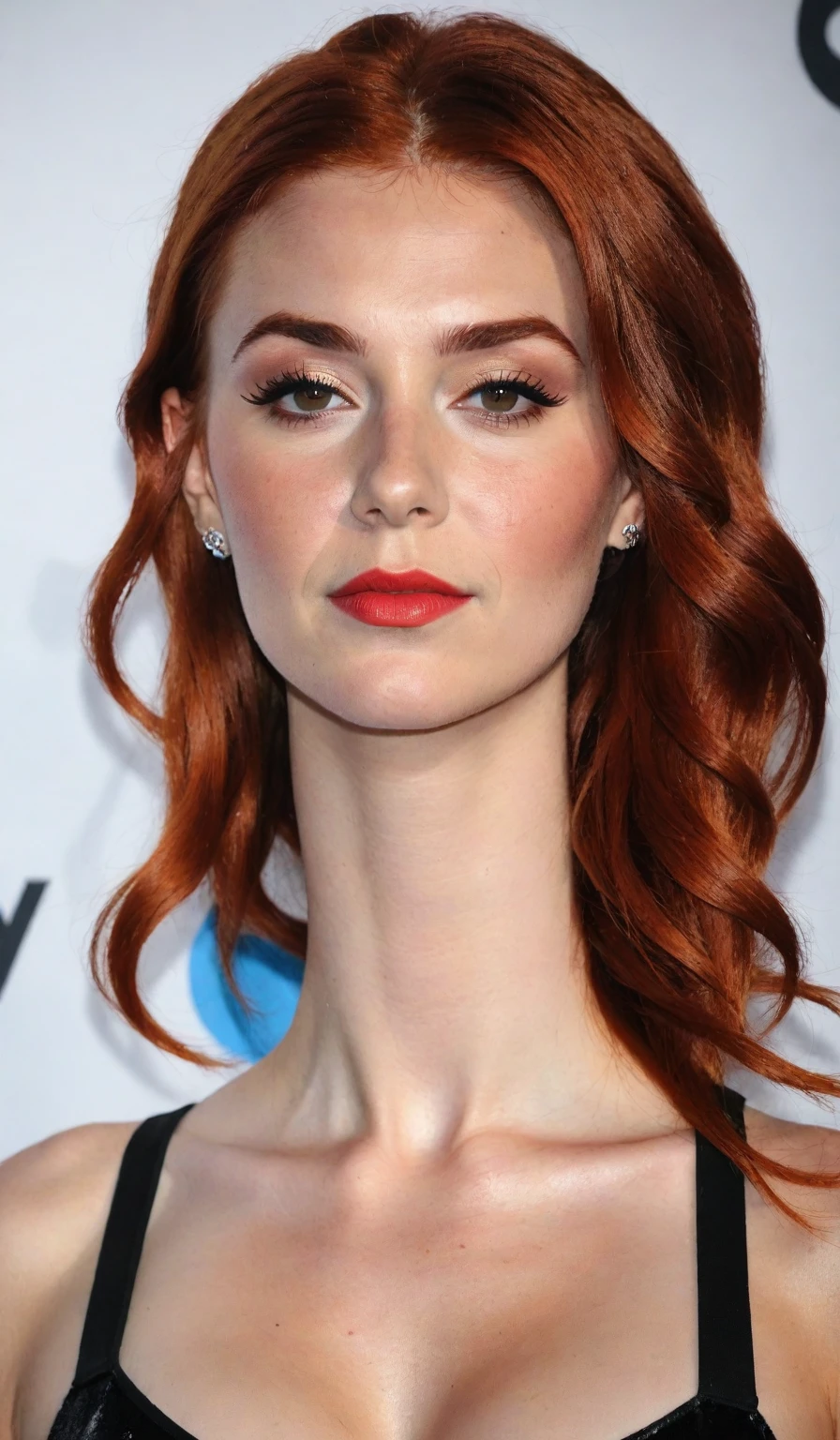 >create the perfect industrial: American singer Mandy Lee from the pop group MisterWives, with a wide face and fiery red hair, freckled skin, flat large nose, perfectly shaped breasts, imperfect skin