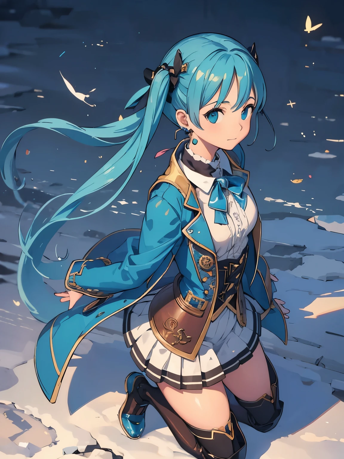 (masterpiece、highest quality、highest quality、Official Art、Beautiful and beautiful:1.2)、(One girl:1.3)Hatsune Miku、Twin tails,Big Breasts,masterpiece, highest quality, One Girl, Upper body, Historical background: Steampunk future、country: Scraptown、Hairstyle on: Wear goggles upstyle、clothing: Steampunk style jackets and corsets、shoes: Retro boots、With accessories: Scrap Metal Earrings、Angle from above,