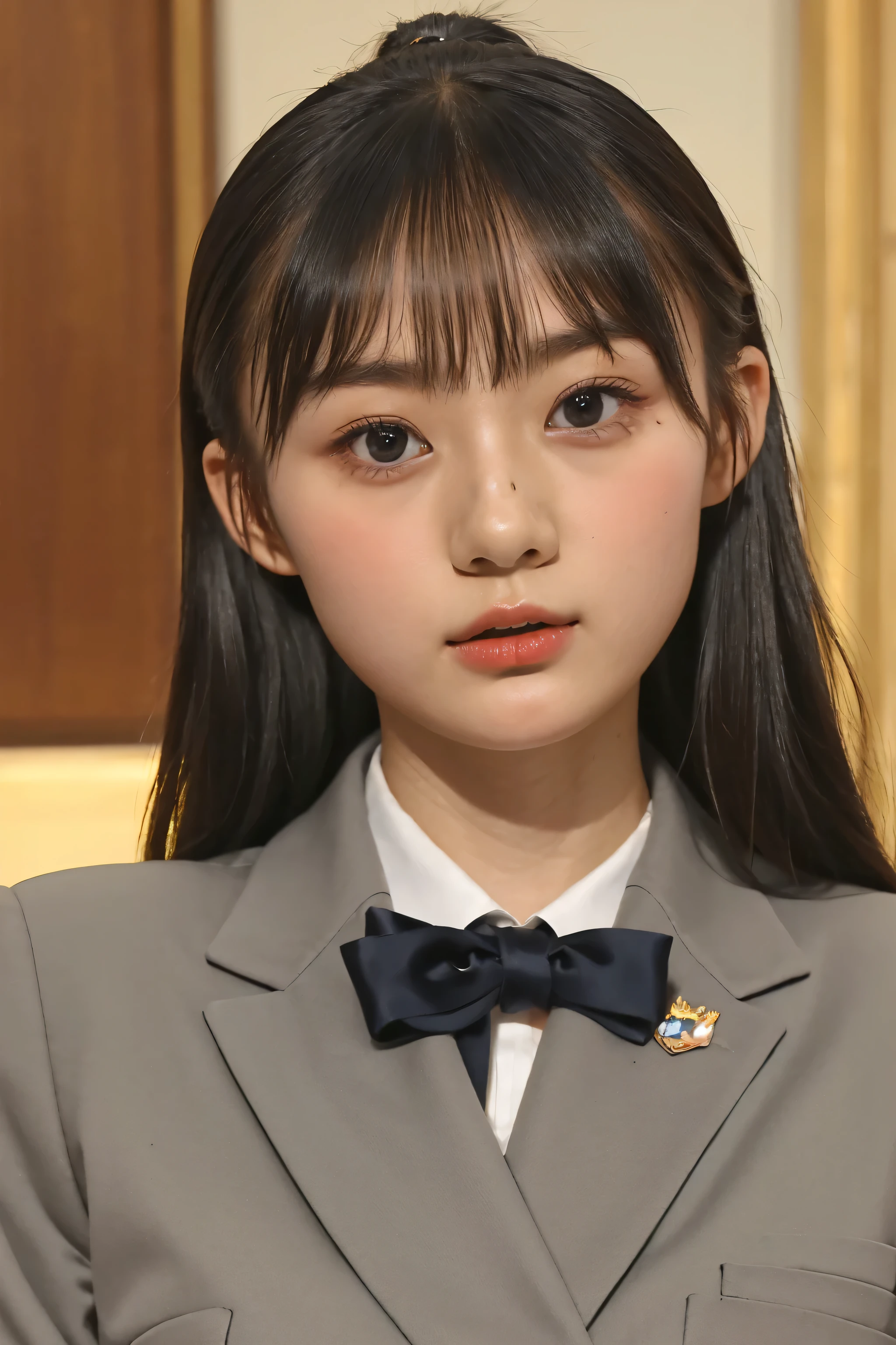 (((upper body shot))),gray school blazer uniform,Ultra-high resolution,big eyes,Japanese,bangs,(a girl),(1 girl),((18-year-old)),((cute)),pretty