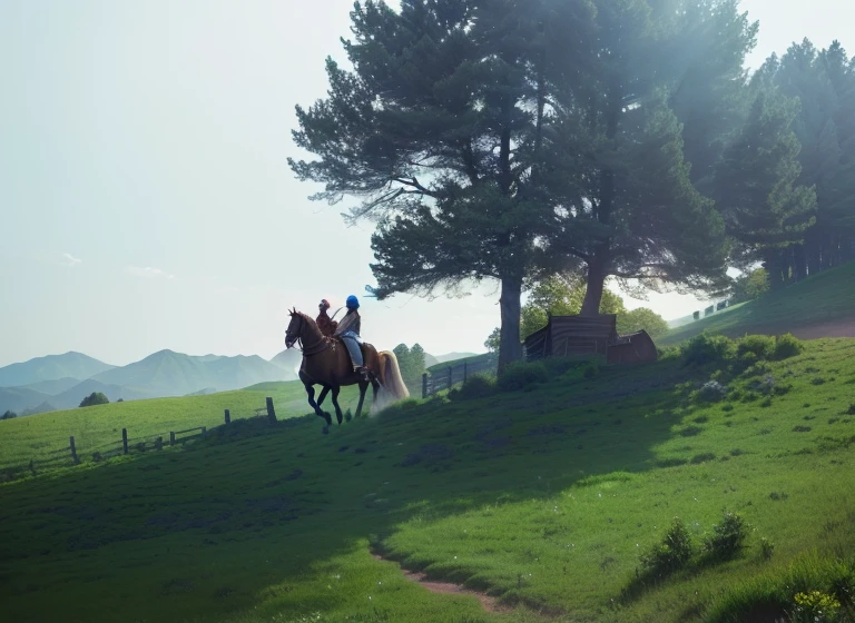 There is a woman riding a horse on a hill with trees, Western scene, high resolution film still, Film Shots, Beautiful views, High quality film, 生産はstill, Movie stills, From a scene in a movie, still, Wide Film Still, Full color still images, shire, Stills from the estate, On a green hill, the most Beautiful views