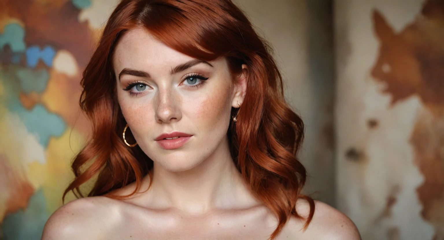 (a picture of) Mandy Lee, an American singer from the pop band MisterWives, with a wide face and fiery red hair, freckled skin, flat and large nose, perfectly-shaped chest, imperfect skin, (best quality,4k,8k,highres,masterpiece:1.2), ultra-detailed, (realistic,photorealistic,photo-realistic:1.37), vivid colors, sharp focus, portraits, (inserted/illustrated/oil painting/3D rendering/photography), with studio lighting and warm color tones.