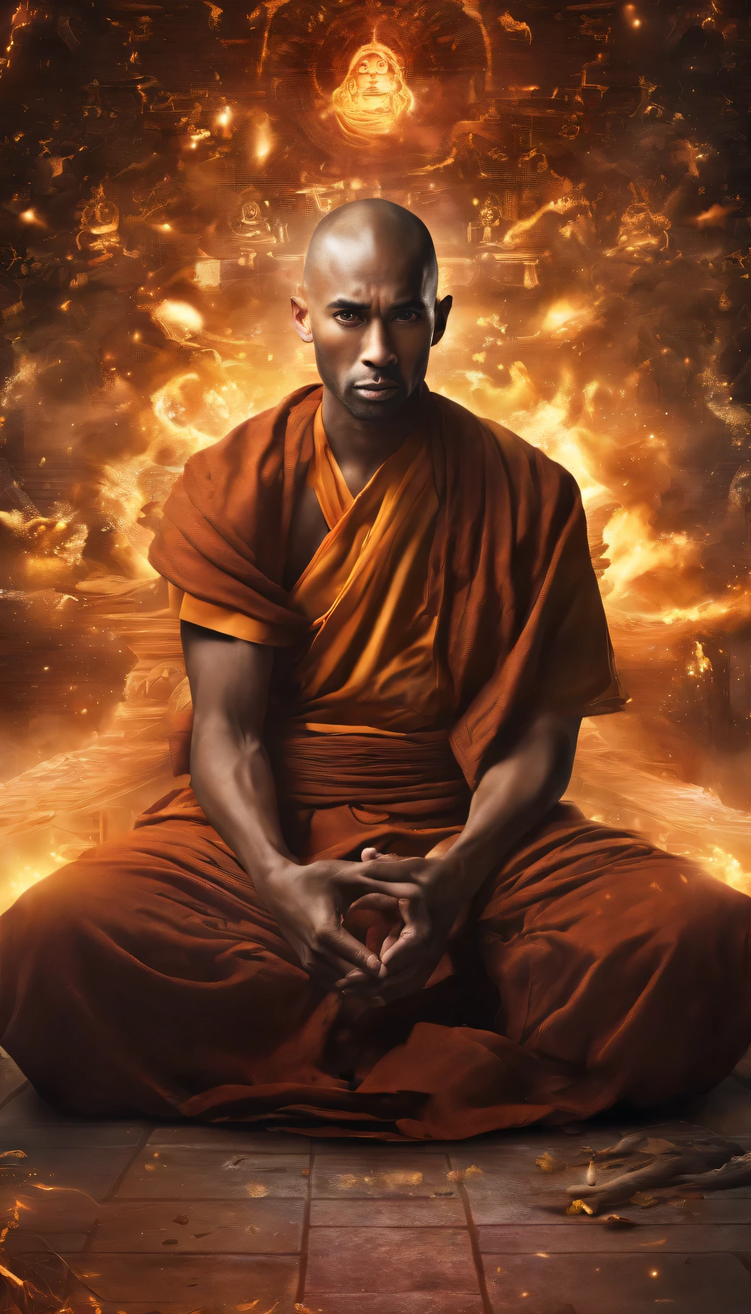 Asian monk,Thinking Ahead,meditate with your legs crossed, in the center,Very bright color, Particles of light, The light shines, Kobe Bryant, Wallpaper Art, UHD Wallpaper