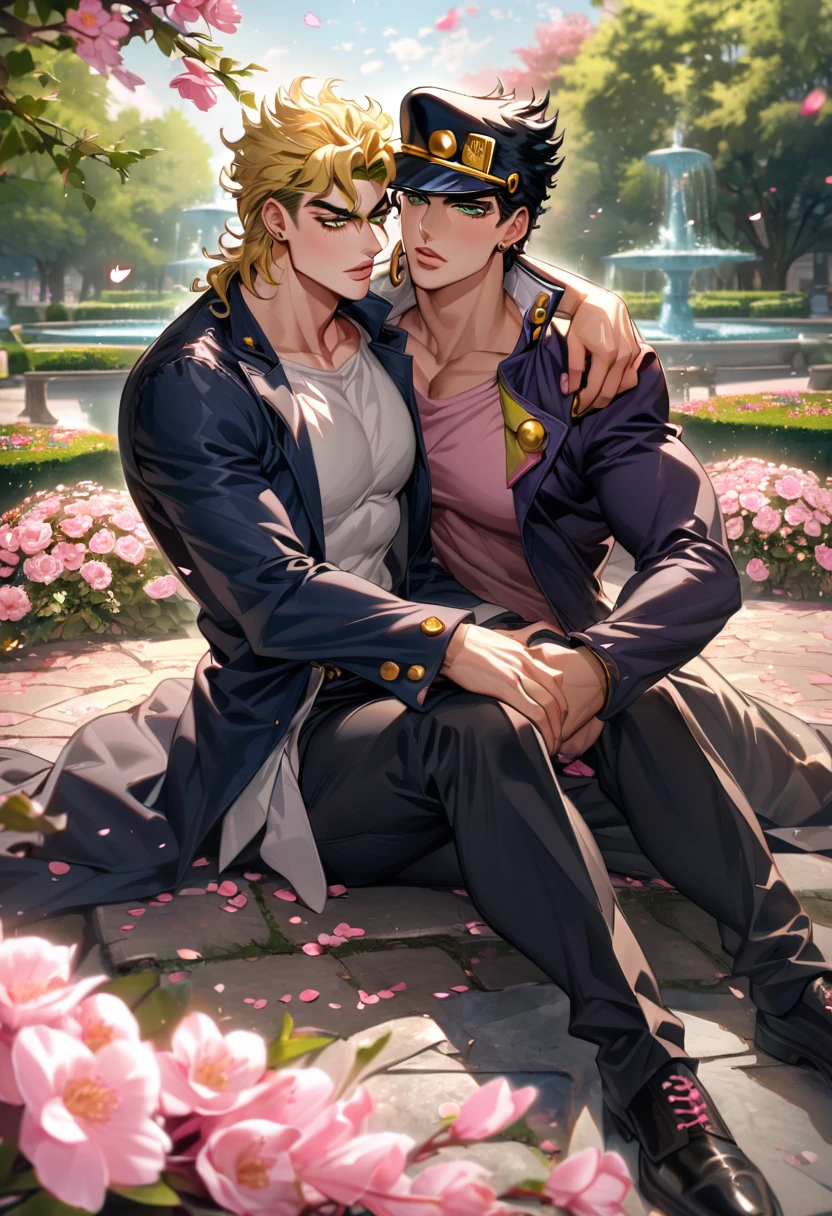 absurdres, highres, ultra detailed, HDR, master piece, best quality, Jotaro Kujo, black hair, expressive green eyes, Jojo bizarre adventure, Dio Brando, blonde hair, expressive green eyes, two men together, gay couple, handsome, pink flowers, pink petals, pink butterflies, blossoms, park, fountain
