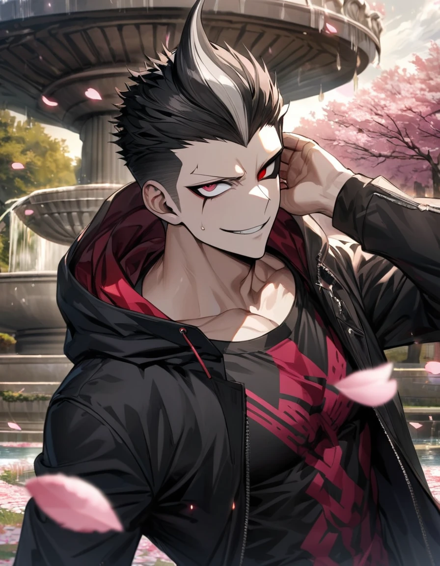 Ultra detailed, Highres, absurdres, HDR, Tanaka Gundham, black hair, heterochromia, expressive right red eye, left eye is gray, black long coat with patterns with a hoddie, Danganronpa, pink flowers, petals, handsome, sexy man, solo, very detailed eyes and face, park, fountain, cherry blossoms, black tight t-shirt, master piece, smirking, toned chest,