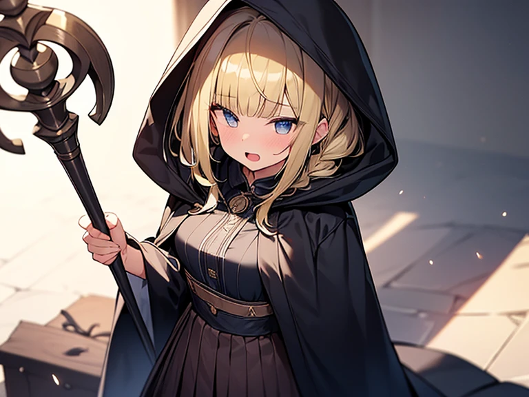 Masterpiece, Top quality, (1 beautiful girl), junior high school student, Blonde, short Hair, Braided hair, wavy Hair, blunt bangs, standard weight, (very small breasts):1.2, (very large dark sorceress long robe with hood):1.3, pleated skirt, smug, open mouth, attacking with a magic staff, beautiful scene of fantasy world, cowboy shot, Clothes swaying in the wind, (from above)1.2, big magic circle