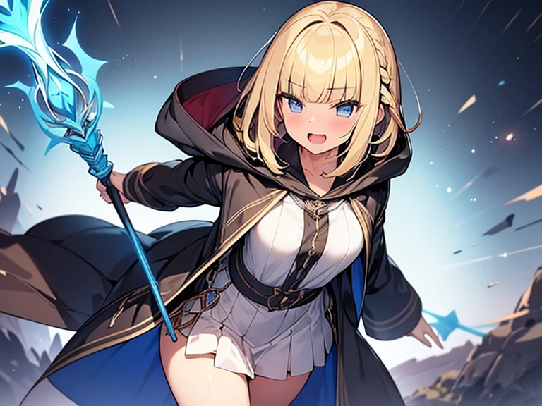Masterpiece, Top quality, (1 beautiful girl), junior high school student, Blonde, short Hair, Braided hair, wavy Hair, blunt bangs, standard weight, (very small breasts):1.2, (very large dark sorceress long robe with hood):1.3, pleated skirt, smug, open mouth, attacking with a magic staff, beautiful scene of fantasy world, cowboy shot, Clothes swaying in the wind, (from above)1.2, big magic circle