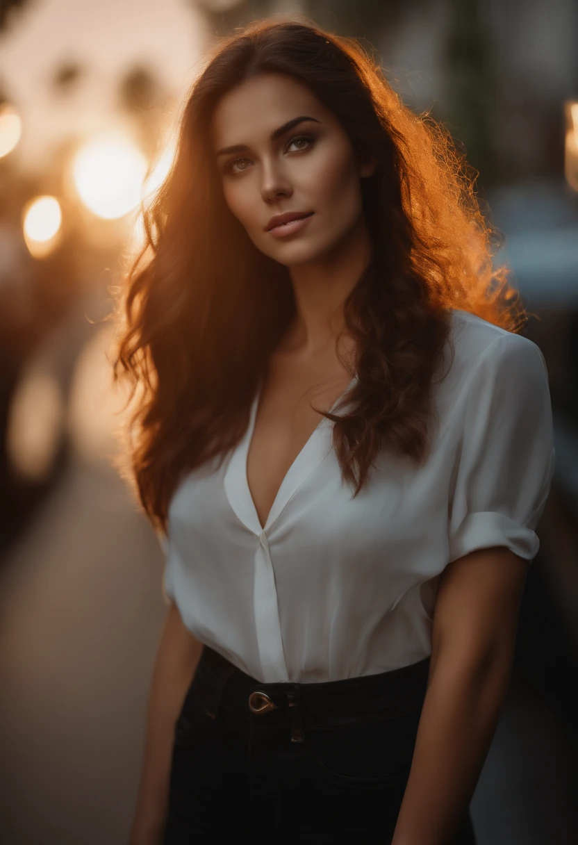 professional, (Photo 4k:1.1) by (JeremyLipking:0.3), (Dietman Anna:0.3), (Marcos Ariano:0.3), (sharp focus:1.3), very high detail, Using (black Bleiser with, inside blouse, color orange:1.2), Beautiful and detailed face, green eyes, long brown hair, (attractive young woman:1.3), (Blushing:1.1), Hourglass body type, Big Circle, Wide glutes, Brunette Goddess, , pretty face, girl perfect, beautiful smile, good girl, beautiful angle, standing pose, full body image, full body esbian, full body shot of, Wearing black jeans and shoes