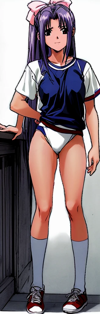 Momoko Koigakubo, a tall girl with beautiful legs, is wearing white gym clothes and light-colored navy blue bloomers that look like panties, and is standing with her legs spread to the sides, smiling and blushing.。