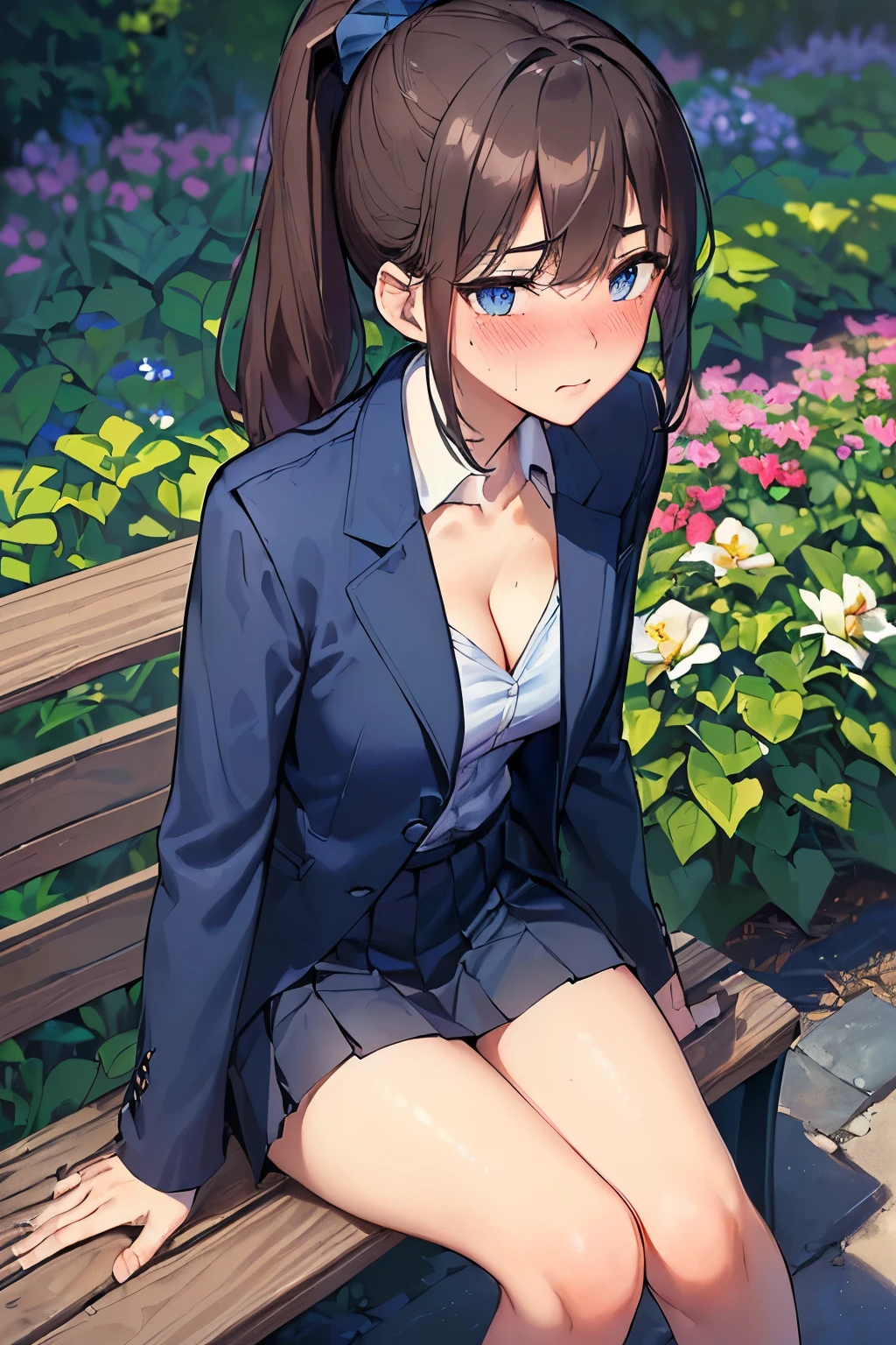 ((best quality)), ((masterpiece)), ((detailed)), (((perfect face))), (((slender 18yo teenage girl leaning forward over bench))), (((dark blue suit jacket))), ((dark blue pleated skirt from waist to thighs))), ((dark brown hair)), ((short ponytail)), (((blue eyes))), ((shy:1.3)), ((blushing:1.5)), (((looking up at viewer))), (((unbuttoned white shirt))), (((garden))), (((cleavage:0.9)))
