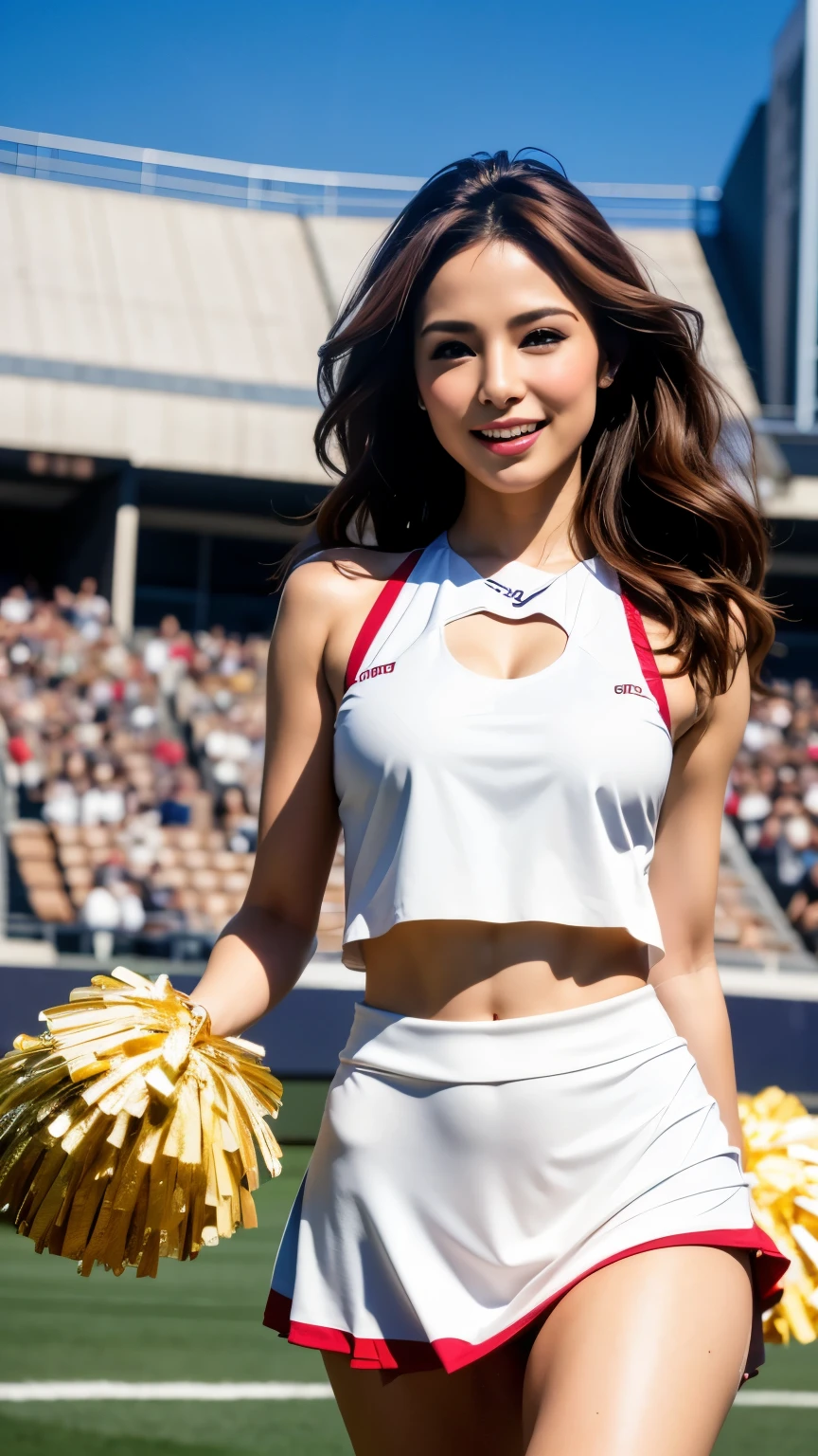 Stadium, blue sky, (Photorealistic:1.4, 8k), highest quality, masterpiece, Ultra-high resolution, Perfect dynamic composition, Big Face, Round face, (Light brown hair:1.6, Long Hair, bangs, Curly Hair, ponytail), Highly detailed skin and facial textures:1.3, Sunburned skin:1.6, thin, Perfect Proportions, Medium Chest:1.3, ((Under the chest:1.25)), Shiny legs, Limb details,  Cute and sexy 22 year old cheerleader, (Totally captivates you:0.9), (Cheerleader white costume:1.4),  (Gal Makeup, eyeliner, mascara, Distant eyes, Beautiful erotic eyes:0.85), Sexy Face:0.8, (Mouth closed, Small Mouth, Thick lips, A taste of beautiful eroticism:0.85), (Too cute beauty:0.9), Stadium, A large audience, A large audience, Wind, Cinema lighting from the front, (Photographed from below the front:1.5), (Look Down:1.5), (Extreme close up:1.3), (walk:1.3), smile:0.7, Wet:1.4