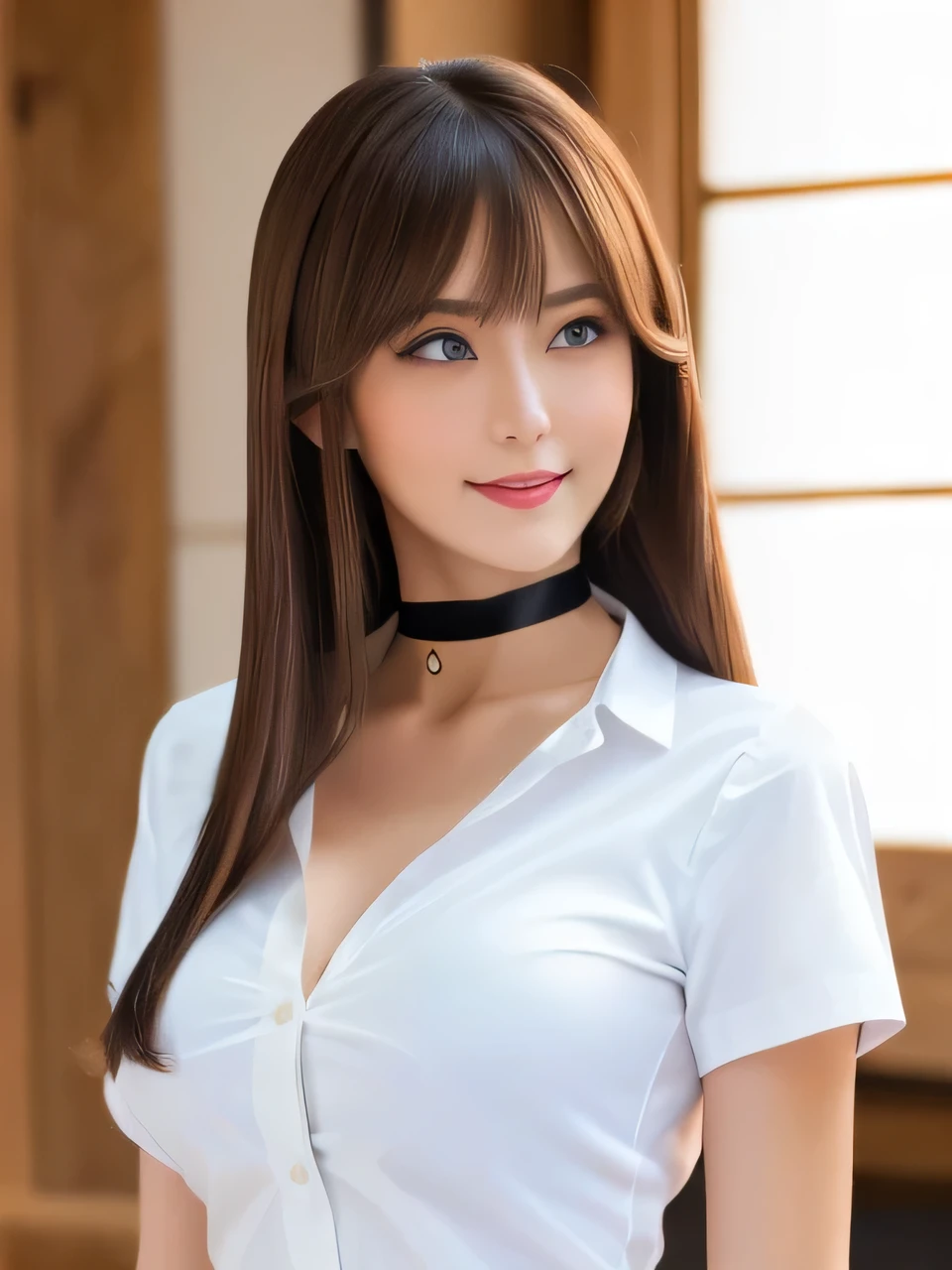 masterpiece, Front view, Cute Japanese aristocratic woman, (輝くBrown Hair, Straight Long Hair), ((Ivory tight shirt, mini skirt)), Very cute face, Glossy Lips, Double eyelids on both eyes, Natural Makeup, Brown Hair, Asymmetrical bangs, High resolution, Attention to detail, Detailed hairstyle, Detailed face, Octane Rendering, Ultra-realistic, Perfect limbs, ((Black choker)), blue eyes, (Big Breasts), ((Slim body:1.5)), Cool Beauty, ((Slim face)), smile, Mature Woman, Browsing Caution:-1.2, Long, Bushy Eyelashes, Cleavage, ((Old castle)), vamp fangs:1.2, fangs, By mouth２The book&#39;s fangs are showing, Grin, ((White teeth, White Fang))