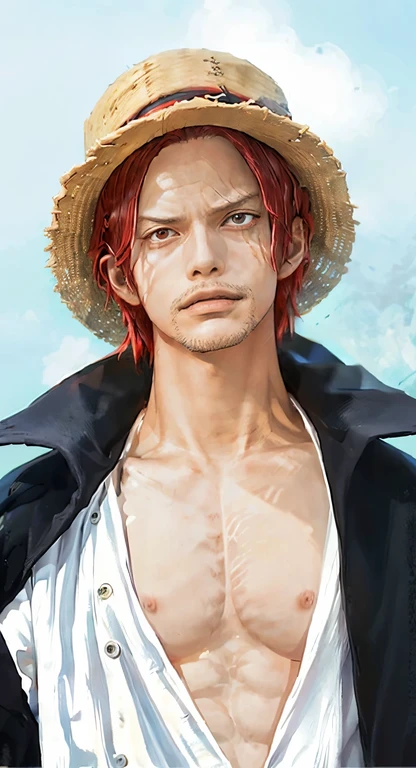 1 person, Shanks from the anime One Piece, short hair , Redhead, Red eyes, good looking, Black clothes, Realistic clothes, Clothing Details, Urban Background, Super detailed, Realistic