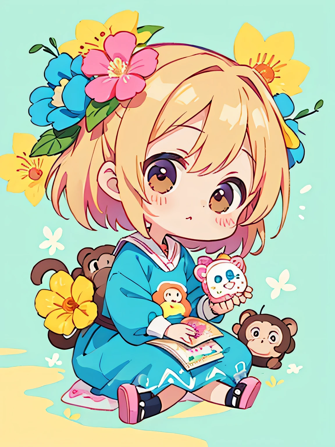 Tiv Style, Kawaii Design, The most beautiful girl of all time、Chibi, cute monkey, Colorful flowers