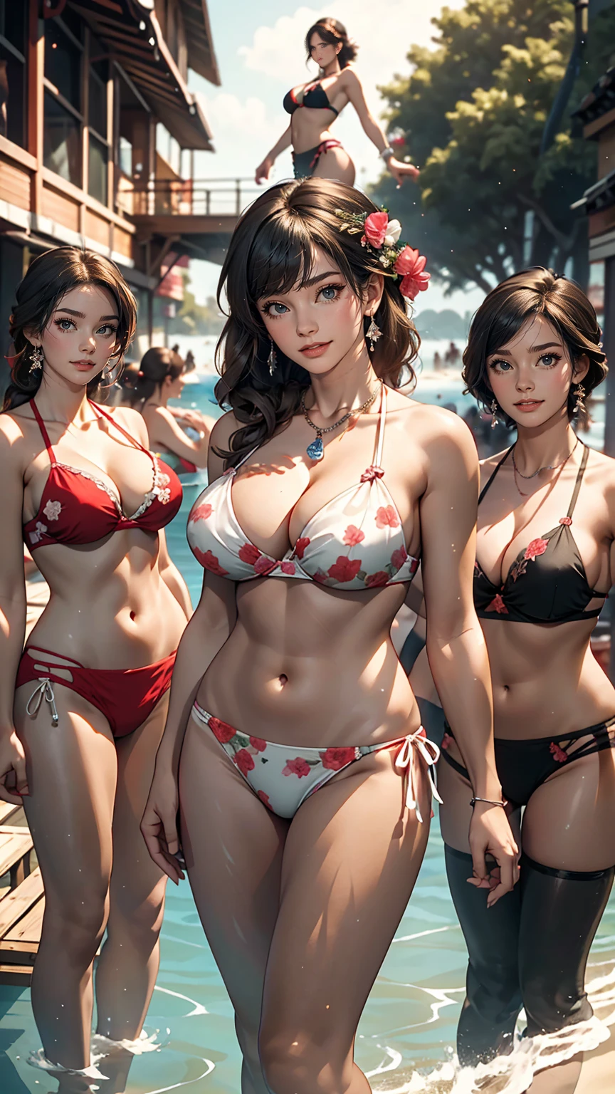 masterpiece, highest quality, In detail, Five Girls, (beautiful girl), cute (Huge breasts), (Cleavage), bikini, group, Multiple characters