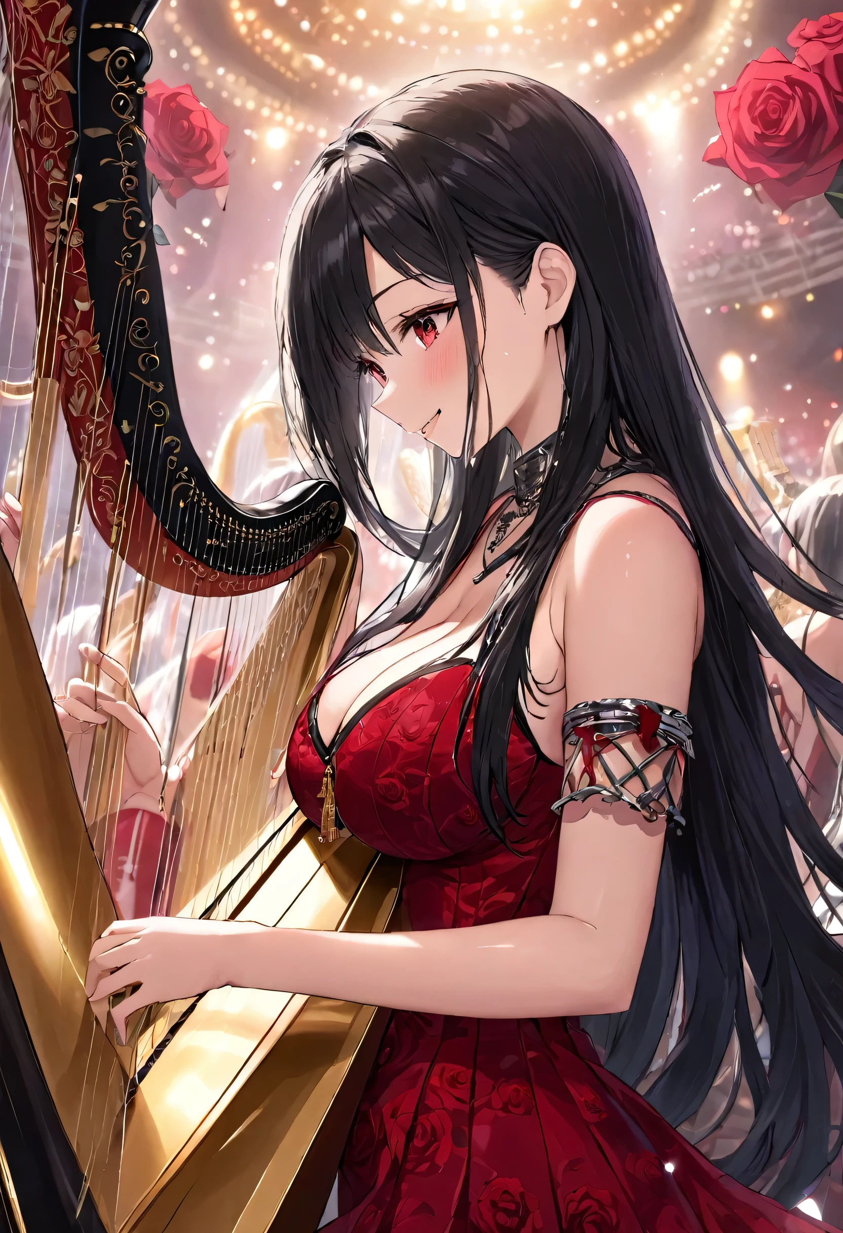 (panoramic in the Concert Venues), profile ((punk girls band style)) (in a sexy red rose dress) (a straight black hair long hair sexy femdom girl is Harpist, 18 yo, sexy detailed redeyes, blushing, sexy smile, bigboobs), (playing detailed harp), BREAK, perfect anatomy, masterpiece, best quality, 16k.