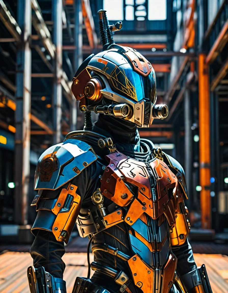 wearing a mechanical suit, Mechanical wonder, Cyberpunk, Cybernetic Guardian, futuristic armor, full body, front pose, symmetry, intricate (steel metal [rust]), joints, warframe style, cyborg, male body and armor, Chainsaw Man  