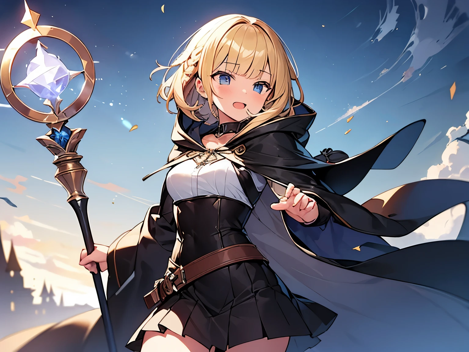 Masterpiece, Top quality, (1 beautiful girl), junior high school student, Blonde, short Hair, Braided hair, wavy Hair, blunt bangs, standard weight, (very small breasts):1.4, (very large dark sorceress long robe with hood):1.3, pleated skirt, smug, open mouth, attacking with a magic staff, beautiful scene of fantasy world, cowboy shot, Clothes swaying in the wind, big magic circle