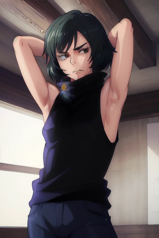 masterpiece, best quality, high quality, absurdres, indoors, Mai, turtleneck, sleeveless, , put your hands behind your head, armpits, armpits visible, sweaty armpits,