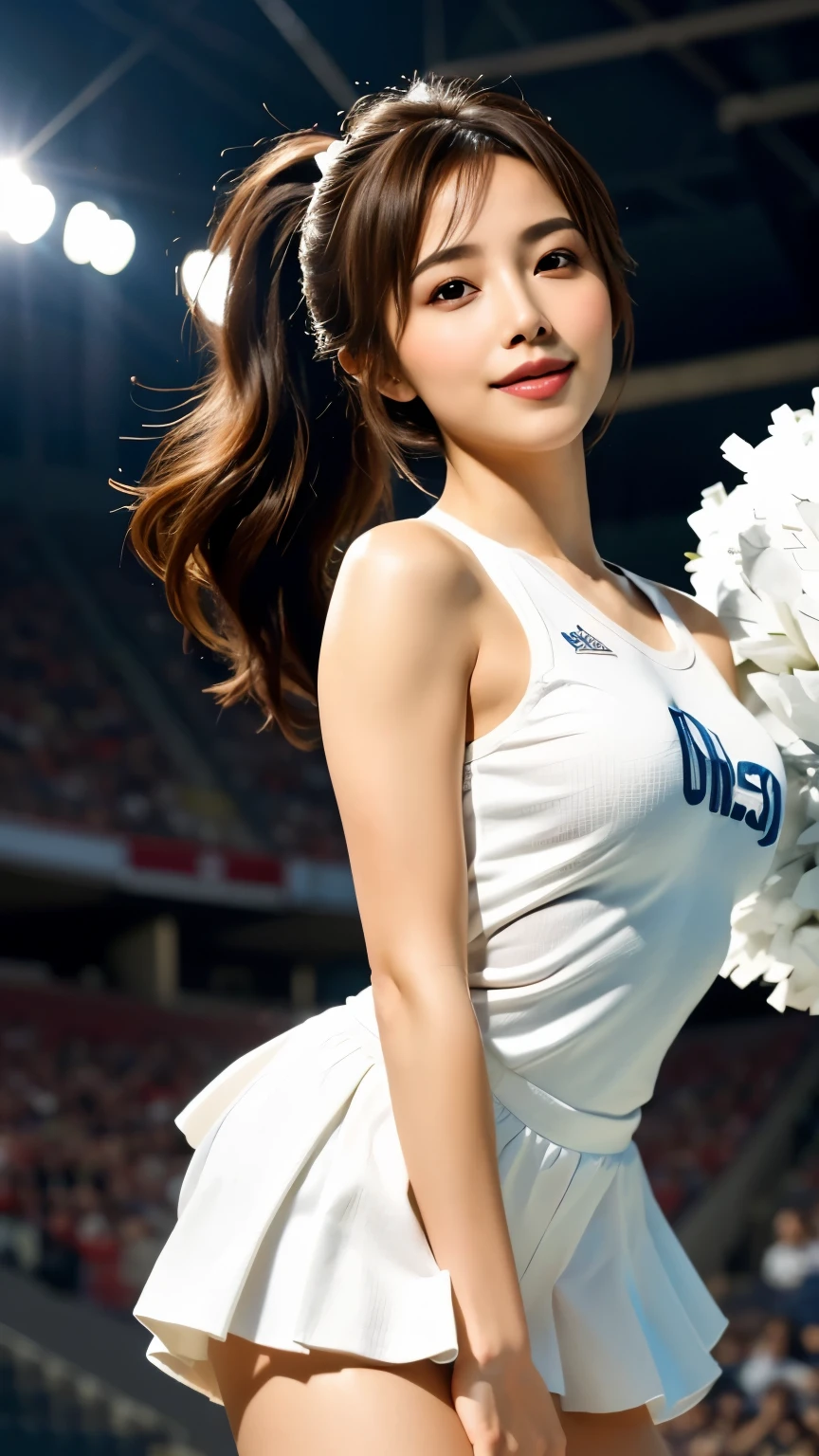 Stadium, blue sky, (Photorealistic:1.4, 8k), highest quality, masterpiece, Ultra-high resolution, Perfect dynamic composition, Big Face, Round face, (Light brown hair:1.6, Long Hair, bangs, Curly Hair, ponytail), Highly detailed skin and facial textures:1.3, Sunburned skin:1.6, thin, Perfect Proportions, Medium Chest:1.3, ((Under the chest:1.25)), Shiny legs, Limb details, Cute and sexy 22 year old cheerleader, (Totally captivates you:0.9), (Bloomers、Cheerleader white costume:1.4), (Gal Makeup, eyeliner, mascara, Distant eyes, Beautiful erotic eyes:0.85), Sexy Face:0.8, (Mouth closed, Small Mouth, Thick lips, A taste of beautiful eroticism:0.85), (Too cute beauty:0.9), Stadium, A large audience, A large audience, Wind, Cinema lighting from the front, (Photographed from below the front:1.5), (Look Down:1.5), (Extreme close up:1.3), (walk:1.3), smile:0.7, Wet:1.4