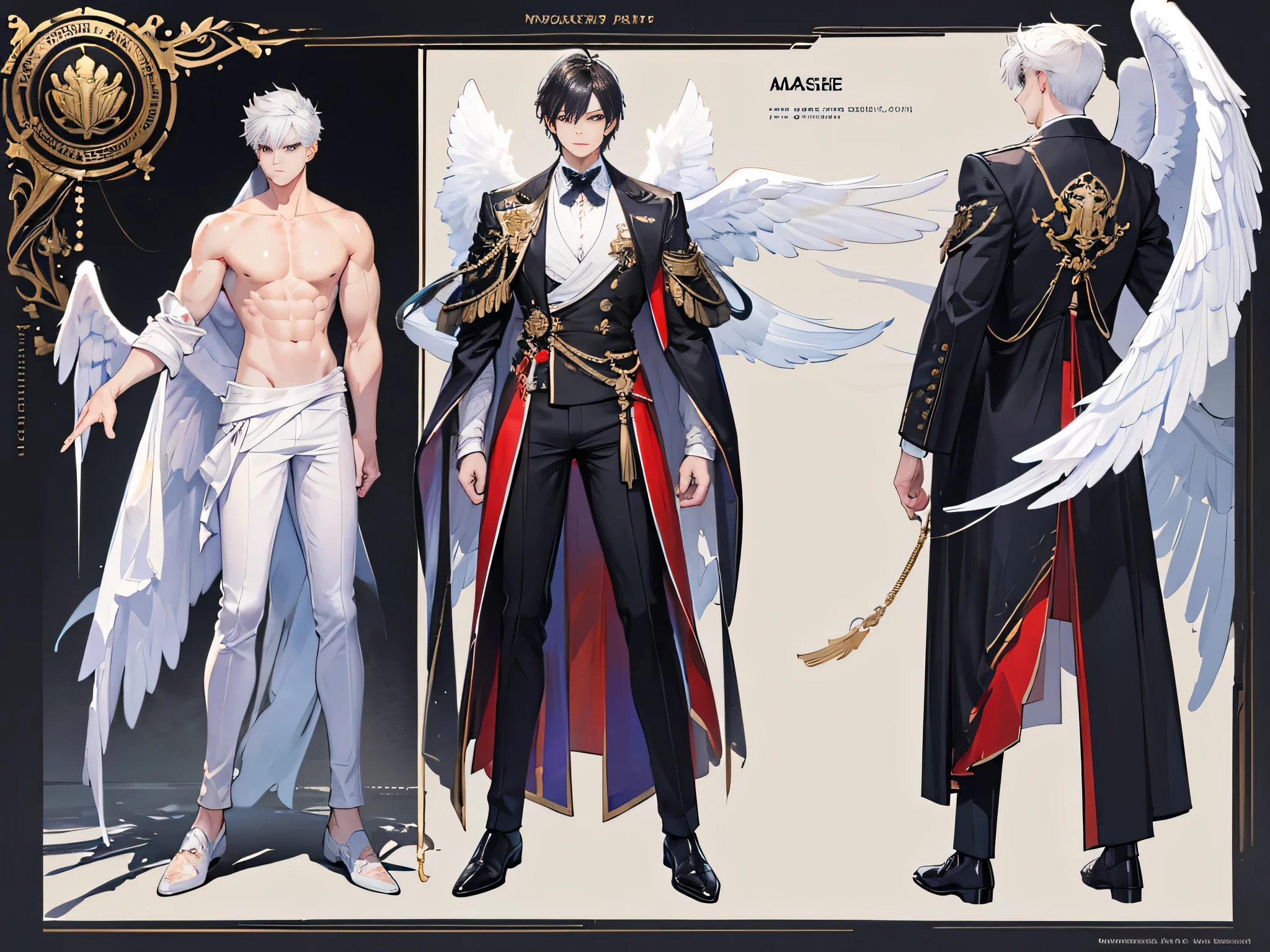 ((Masterpiece, Highest quality)), Male, boy, Detailed face, character design sheet, full bodyesbian, Full of details, frontal body view, back body view, Highly detailed, Depth, Many parts, angel wings, black hair, angel outfit, Muscle boy with white hair,handsome man, male angel , man tall,