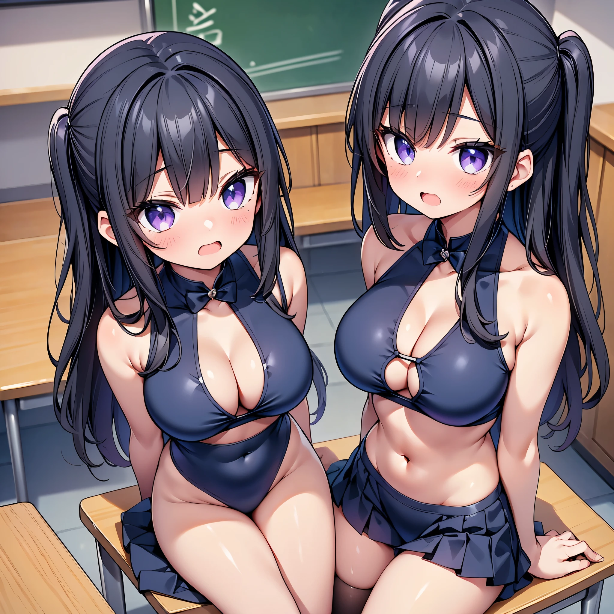 (cute eyes:1.2), (sparkling eyes:1.2), (8K、Best image quality、highest quality、masterpiece)、Detailed face、(2 girls)、Improve、(Black Hair, Purple Eyes, long hair)、(open mouth), (embarrassed), (skinny body:1.3),(midium breasts), (highleg swimsuit:1.2), (cleavage), (crop top navel), Sit on a chair, Classroom Background, (black stockings:1.1), (Thighs:1.1), (Waistline:1.1),(close-up shot of bust), (from above:1.2)