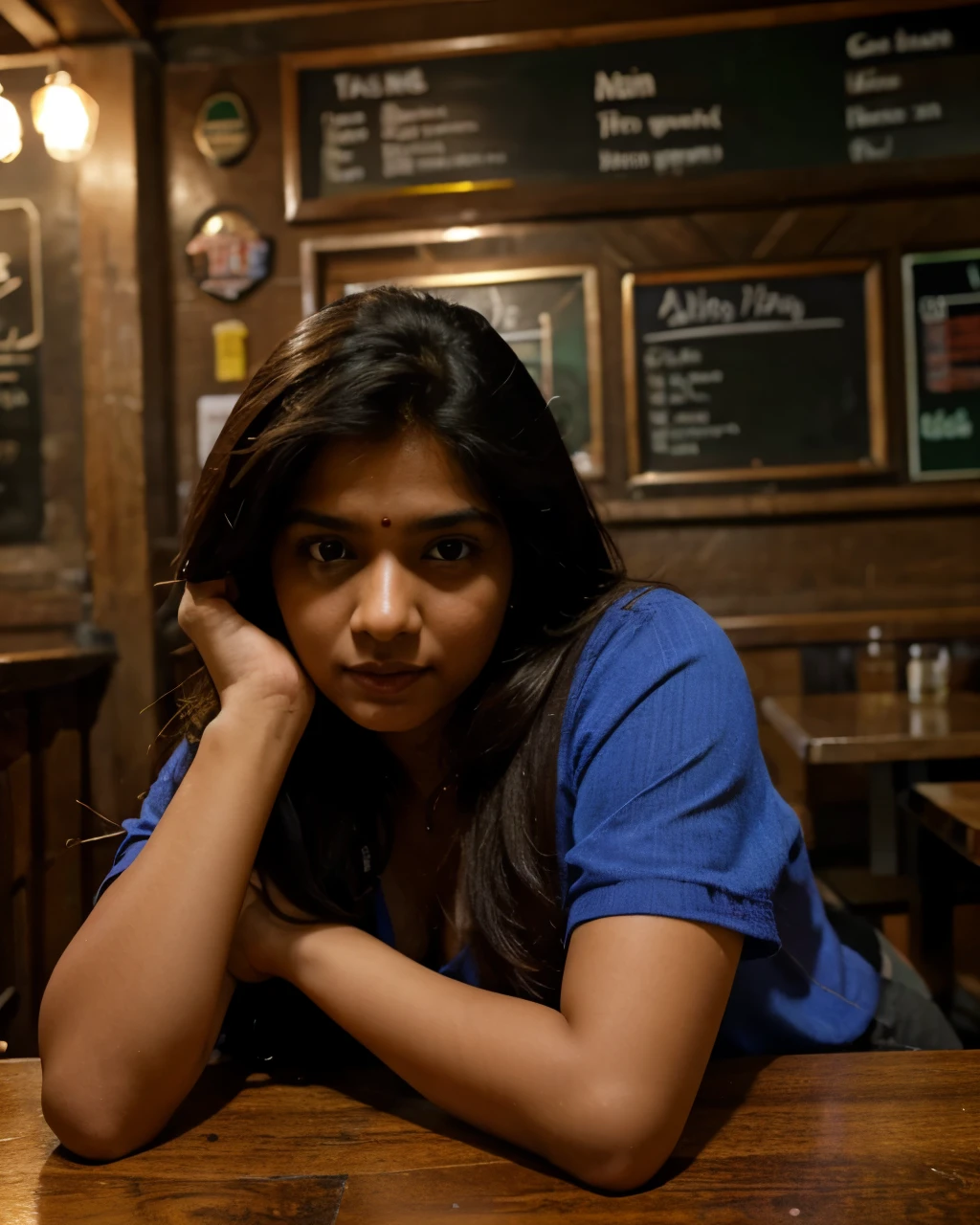 Tanvi in a pub. Realistic, best quality image.