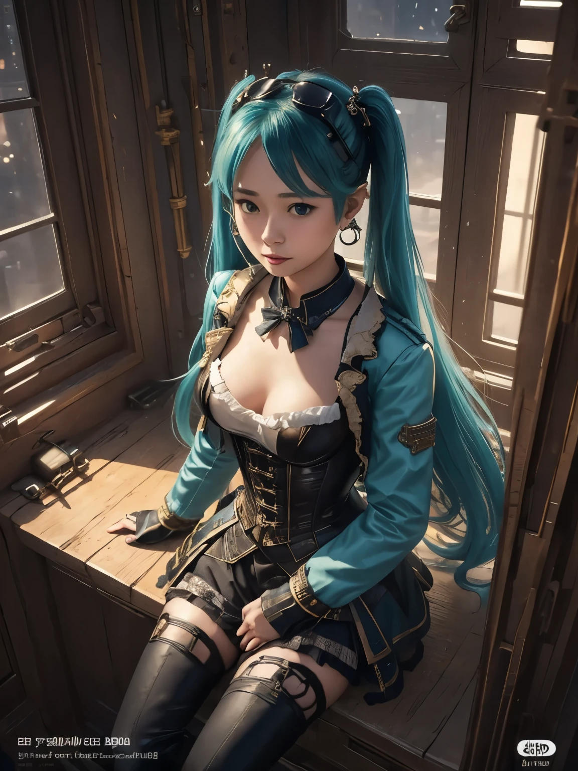 (masterpiece、highest quality、highest quality、Official Art、Beautiful and beautiful:1.2)、(One girl:1.3)Hatsune Miku、Twin tails,Big Breasts,masterpiece, highest quality, One Girl, Upper body, Historical background: Steampunk future、country: Scraptown、Hairstyle on: Wear goggles upstyle、clothing: Steampunk style jackets and corsets、shoes: Retro boots、With accessories: Scrap Metal Earrings、Angle from above,