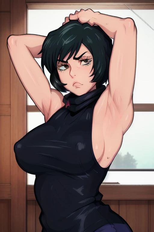 masterpiece, best quality, high quality, absurdres, indoors, Mai, turtleneck, sleeveless, large breasts , put your hands behind your head, armpits, armpits visible, sweaty armpits,