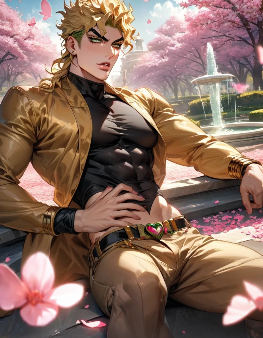 absurdres, highres, ultra detailed, HDR, master piece, best quality, Dio Brando, blonde hair, expressive green eyes, jojo bizarre adventure, solo, sexy man, handsome, golden jacket, black tight shirt, toned chest, pink flowers, pink petals, pink butterflies, blossoms, park, fountain