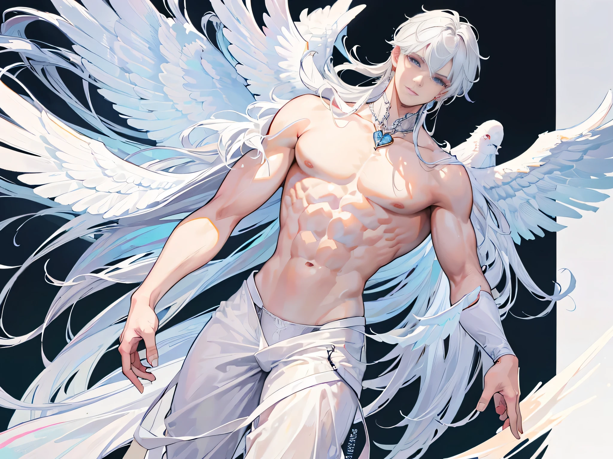 ((Masterpiece, Highest quality)), Male, boy, Detailed face, character design sheet， full bodyesbian, Full of details, frontal body view, back body view, Highly detailed, Depth, Many parts, angel wings, white hair, angel outfit, Muscle boy with white hair，handsome man, male angel , man tall, abs, pectoral muscle