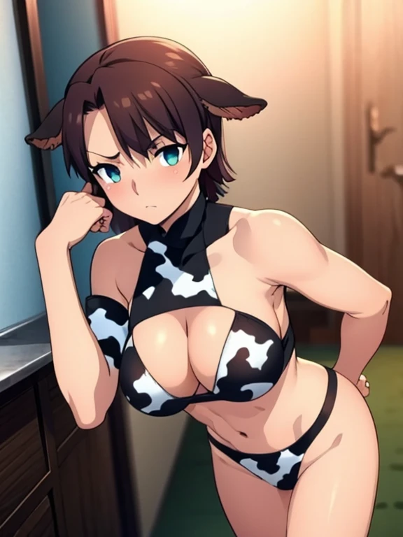 {{{perfect anatomy}}}, masterpiece, extremely detailed CG unity 8k wallpaper,{{{ detailed}}},{{{ best quality}}},{{{ high resolution}}}, five fingers, 1girl, solo,{{{full face blush}}},{{{{{cowboy shot}}}}},{{{{{feet out of frame}}}}}, cows horns, {{{cows ears}}},{{{{{cow print}}}}}, {{cow print bikini swimsuit}}},strapless,{{{{{show off shoulder}}}}},sleeveless,{{{ bare arms}}} ,cleavage, {{{cleavage cutout}}},{{{{{ side cutout}}}}},{{{sideboob}}},{{{{{stomach cutout}}}}},{{{underboob}}},{{{{{bare navel}}}}},{{{bare legs}}},{{{open arms for viewers}}},Kitchen,