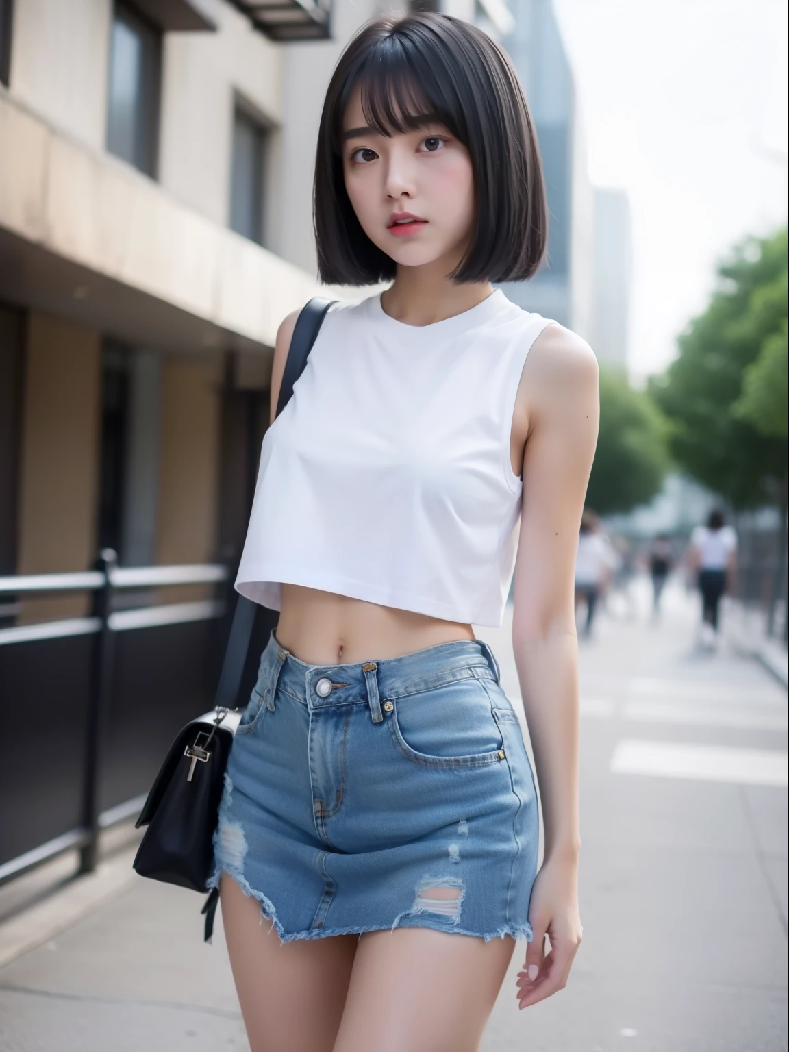 Knees，，Short stature，，Denim skirt，White crop top look，young，s girl，A dark-haired，Twin-tailed，uneasy