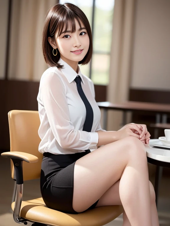 (masterpiece)、(highest quality:1.5)、(16K Wallpaper:1.2)、(Photorealistic:1.2)、(Ultra-detailed:1.2)、(超A high resolution:1.2),(Surreal), (figure), (High resolution), (Very detailed), (best figure), (Professional), (Realistic), (Post-processing), (maximum detail), (Very detailed),(Sharp focus), Sharp focus:1.2,Photorealistic, Ultra-realistic, Backlight, Bright light, (Improvement of quality:1.4),
Healthy thighs、Narrow waist、Big Ass、(Beautiful legs)、((Perfectly detailed five-fingered hands)),(Anatomically correct body)、((1 female:1.4))、Realistic Skin、(Small chest:1.4),Pretty woman with perfect figure:1.4,(from the front:1.5), (Enhances the beauty of skin texture:1.1),
(Beautiful fine details), (Detailed face),Beautiful realistic face,No makeup、美しいBlack Hair、Super Beauty、The best smile、Natural color lip、Even bangs、((29-year-oldの女性))、Bob Hair、Hair blowing in the wind, (Black Hair, Iris, Watery eyes, Shining Eyes, Short Bob Cut, Small earrings, Lightly reddish), Hair behind the ear、No makeup、Realistic texture, Perfect Face, Perfect body, Beautiful fingers, Perfect hands, Nice hands, Beautiful legs, Beautiful feet, Beautiful thighs, Beautiful tiptoe, Detailed skin, alone, One girl, 29-year-old, Smile, View your viewers:2, whole body, Mr.々Hairstyle, Elevation, indoor, At work, Tight skirt business suit, sitting office chair