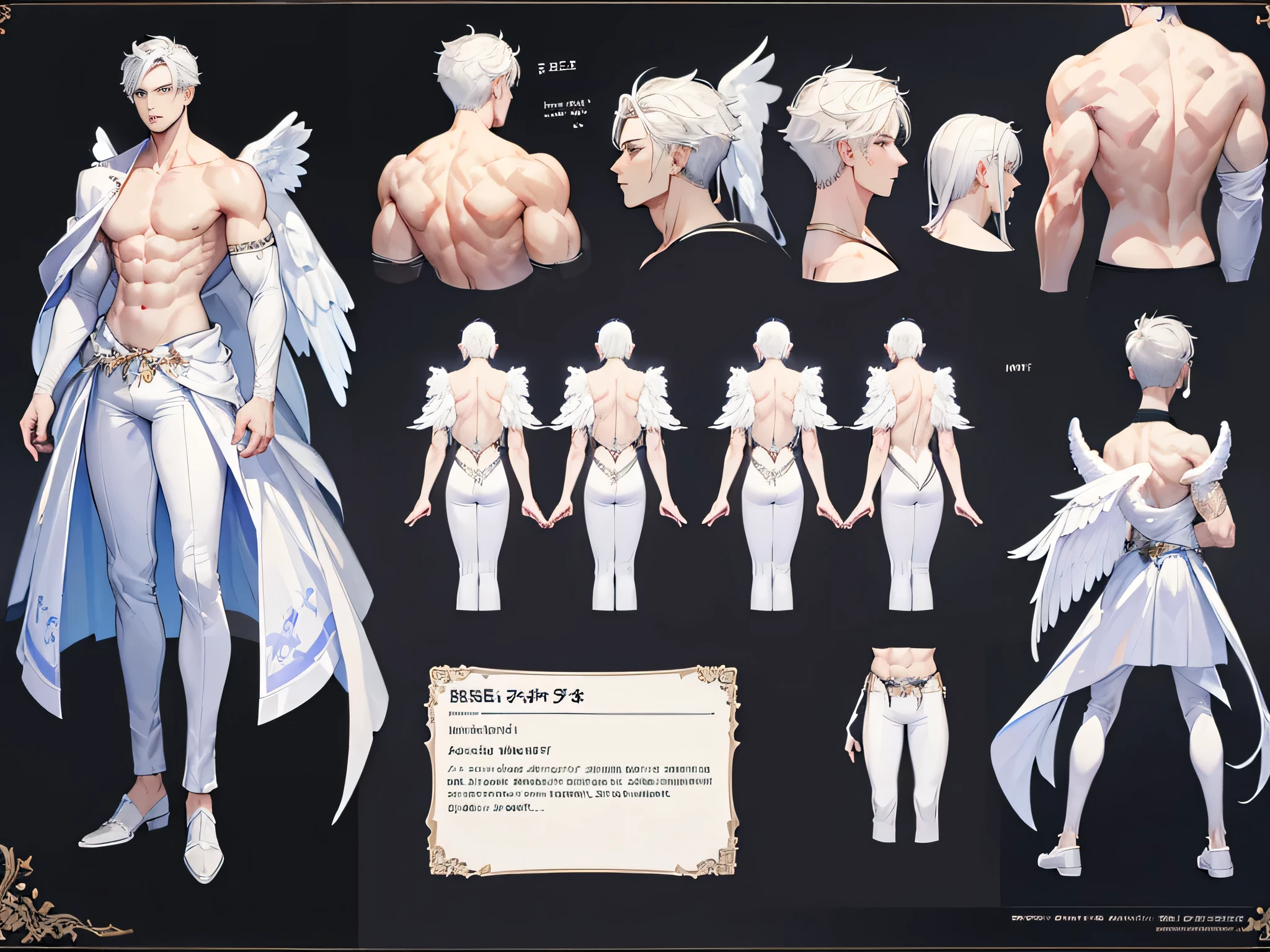 ((Masterpiece, Highest quality)), Male, boy, Detailed face, character design sheet， full bodyesbian, Full of details, frontal body view, back body view, Highly detailed, Depth, Many parts, angel wings, white hair, angel outfit, Muscle boy with white hair，handsome man, male angel , man tall, abs, pectoral muscle