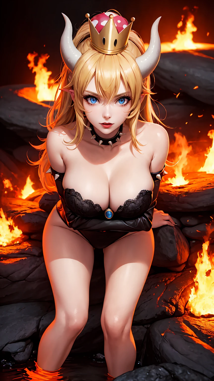 ((high detailed, best quality, 4k, masterpiece, hd:1.3)), ((best quality)), (((HD))), (((8k))), (ultraDH), (ultra HD), Princess Daisy, blue eyes, BREAK blue eyes, seductive, attractive, smooth anime cg art, 36C breasts, long legs, vivid colors, detailed digital art, slim body, perfect skin, dark blonde hair, long hair, blonde hair, blonde hair, BREAK crown, cleavage, 36C cleavage, looking at viewer, BREAK looking at viewer, extremely detailed face, red santa suit, red santa claus suit, santa claus suit, earrings, gem, dark black makeup lips, dark gothic eyeshadows, dark eyeshadows, black eyeshadows, black sexy lips, black lips, (dark:1.2), dark lips, very dark lips, (perfect hands, perfect anatomy), black makeup, black medium lips, black thick lips, detailed fingers, five fingers per hand, 5 fingers, (1 girl), detailed lips, detailed black lips, black painted lips, gothic painted lips, BREAK night, night sky, (breast focus), (arms outstreched:1.2), (from above:1.1), (breasts out:1.3), (off shoulder:1.1), (white horns), (bra), inside a lava castle, she inside a sea of lava, she bathing in lava, full body, perfect long legs, perfect foots, legs and foots into the lava,