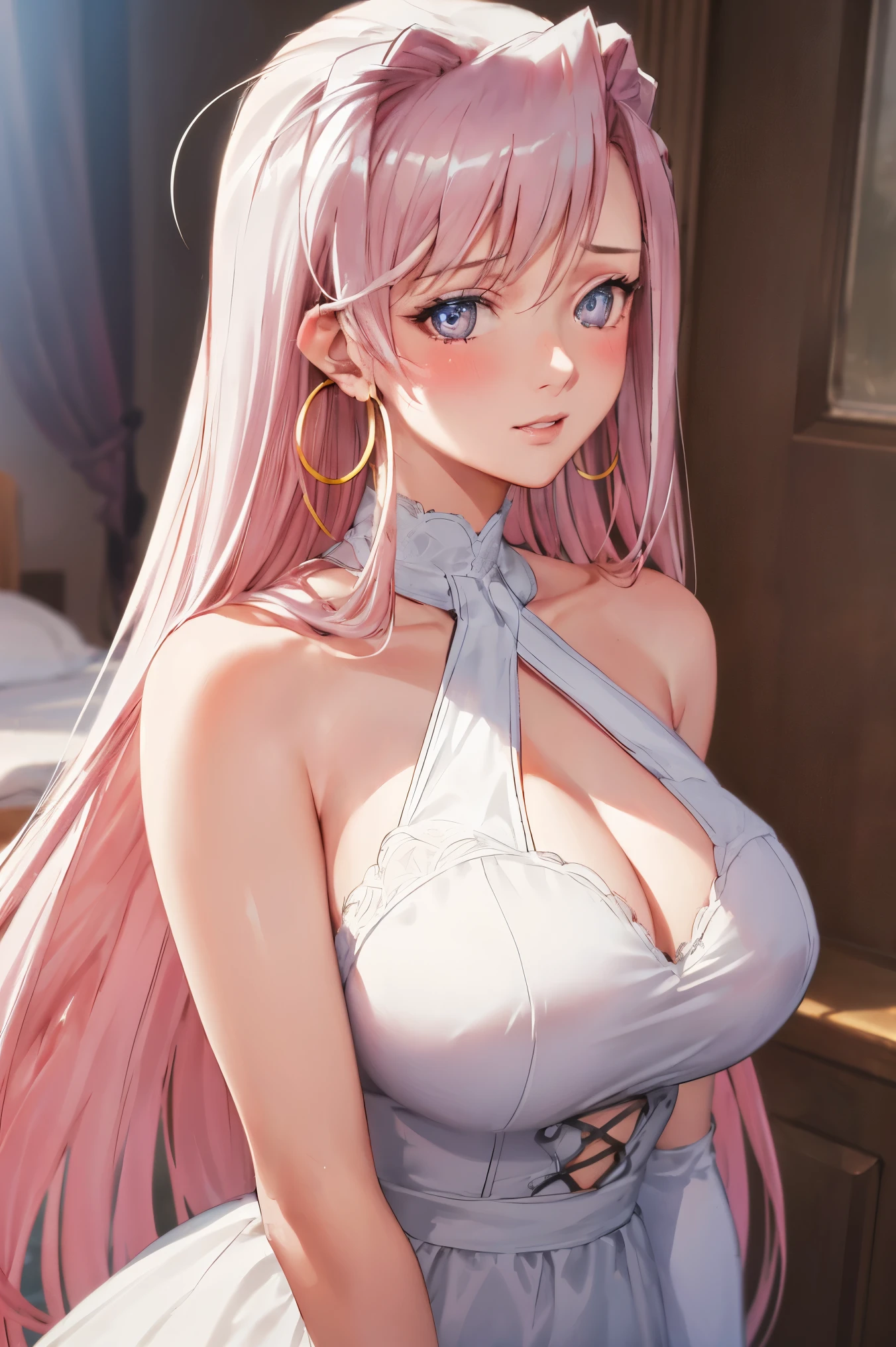 masterpiece, (best quality), 1woman,1girl ,charlotte_hazelrink, pink hair, long hair, very long hair, blue eyes,purple eyes, white dress, dress, white gloves, jewelry, hoop earrings , large breasts,,sexy woman, embarrassed,blush, bare shoulders, vibrant colors ,,natural lighting ,RTX, , beautiful, (detailed face:1.2), showcase, (perfect eyes:1.1) ,(photorealistic:1.1), 8k uhd, looking at viewer, bedroom, indoors,(perfect hands, perfect anatomy),