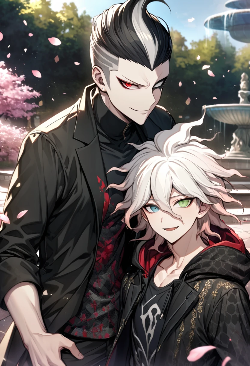 Ultra detailed, Highres, absurdres, HDR, Tanaka Gundham, black hair, heterochromia, expressive right red eye, left eye is gray, Komaeda Nagito, white hair, expressive light green eyes, black long coat with patterns with a hoddie, Danganronpa, pink flowers, petals, handsome, two sexy men together, gay couple, very detailed eyes and face, park, fountain, black pants, cherry blossoms, black tight t-shirt, master piece, smirking, toned chest,