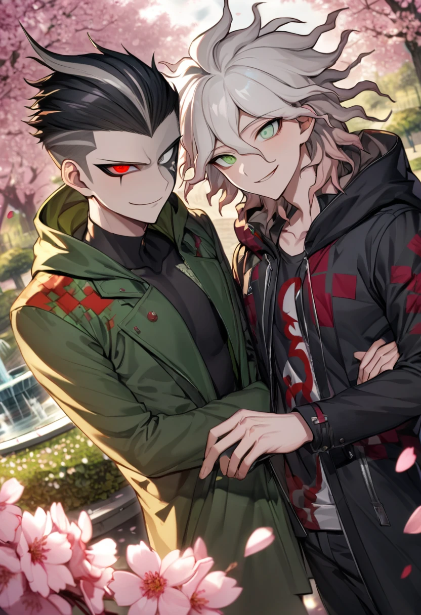 Ultra detailed, Highres, absurdres, HDR, Tanaka Gundham, black hair, heterochromia, expressive right red eye, left eye is gray, Komaeda Nagito, white hair, expressive light green eyes, black long coat with patterns with a hoddie, Danganronpa, pink flowers, petals, handsome, two sexy men together, gay couple, very detailed eyes and face, park, fountain, black pants, cherry blossoms, black tight t-shirt, master piece, smirking, toned chest,