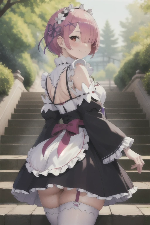 masterpiece, best quality, highres, ram1, 1girl, solo, standing, focus on her ass, back to the viewer, walking up stairs, ram \(re:zero\), pink hair, white thighhighs, short hair, red eyes, hair over one eye, ribbon trim, hair ribbon, x hair ornament, frills, maid headdress, waist apron, garter straps, black ribbon, small breasts, huge ass, huge thighs, narrow waist, wide hips, thick thighs, long sleeves, white apron, neck ribbon, purple ribbon, wide sleeves, hair flower, mini skirt, skirt flip, showing pantys, blushing,sweating, (breathing hard), (panting), anime, smile, outdoors, (masterpiece:1.2), highres, best quality, 8k, very clear,