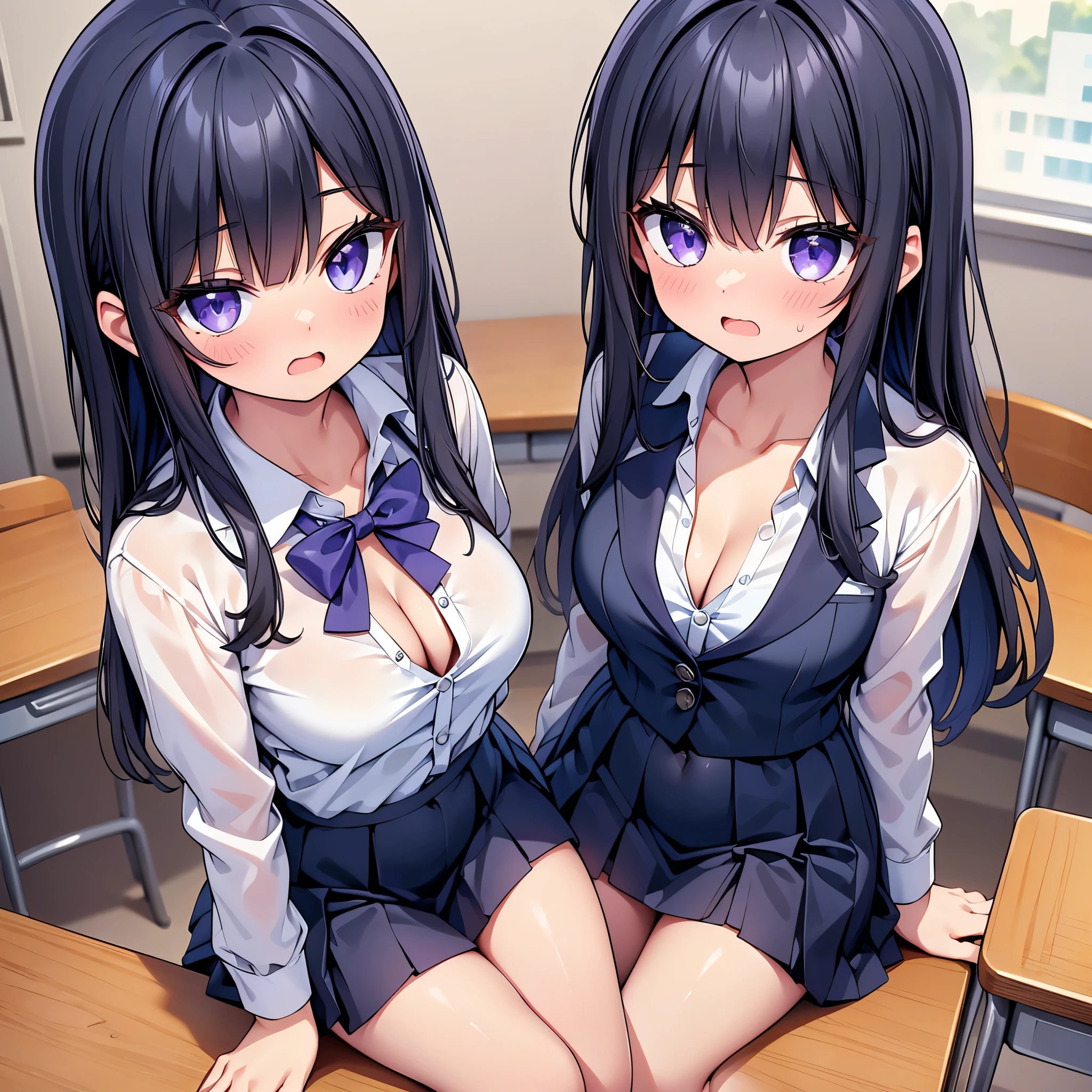 (cute eyes:1.2), (sparkling eyes:1.2), (8K、Best image quality、highest quality、masterpiece)、Detailed face、(2 girls)、Improve、(Black Hair, Purple Eyes, long hair)、(open mouth), (embarrassed), (skinny body:1.3),(small breasts), (white dress shirt, naked shirt, open shirts), (cleavage), (crop top navel), Sit on a chair, Classroom Background, (black stockings:1.1), (Thighs:1.1), (Waistline:1.1),(close-up shot of bust), (from above:1.2)