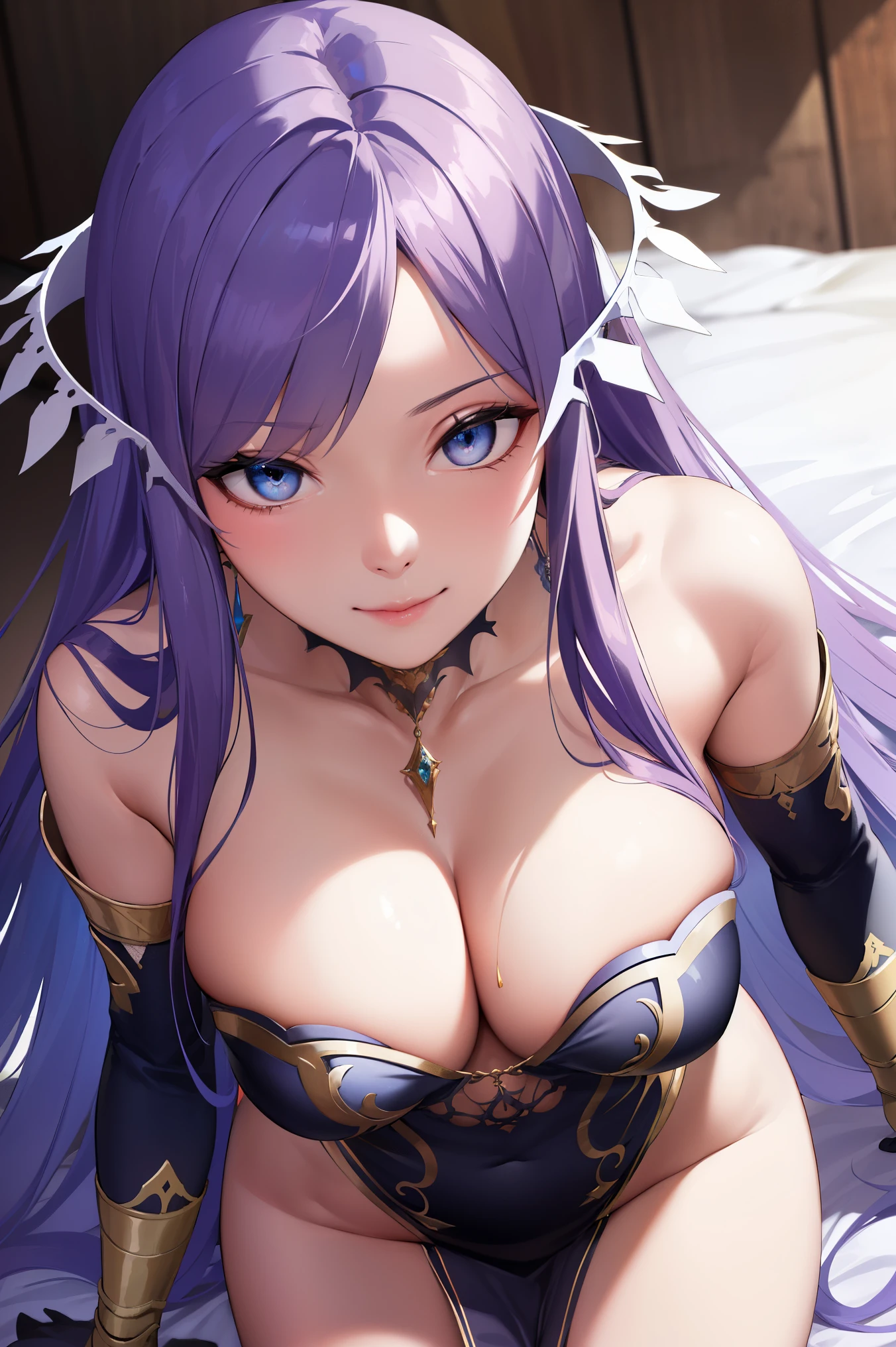 quinella, quinella, absurdly long hair, (purple eyes:1.1), long hair, parted bangs, purple hair, very long hair, hair ornament,medium breast,
BREAK (black long dress,bridal gauntlets,jewelry,bare shoulders, cleavage, detached sleeves,elbow gloves,collarbone:1.2),
BREAK leaning forward, looking at viewer, smile, from above,
BREAK (masterpiece:1.2), best quality, high resolution,NSW ,unity 8k wallpaper, (illustration:0.8), (beautiful detailed eyes:1.6), extremely detailed face, perfect lighting, extremely detailed CG, (perfect hands, perfect anatomy),