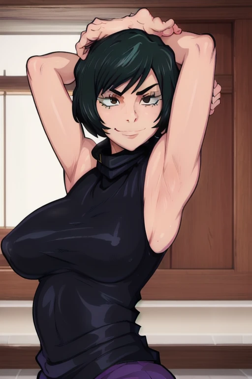 masterpiece, best quality, high quality, absurdres, indoors, Mai, turtleneck, sleeveless, large breasts , put your hands behind your head, armpits, armpits visible, sweaty armpits, seductive smile