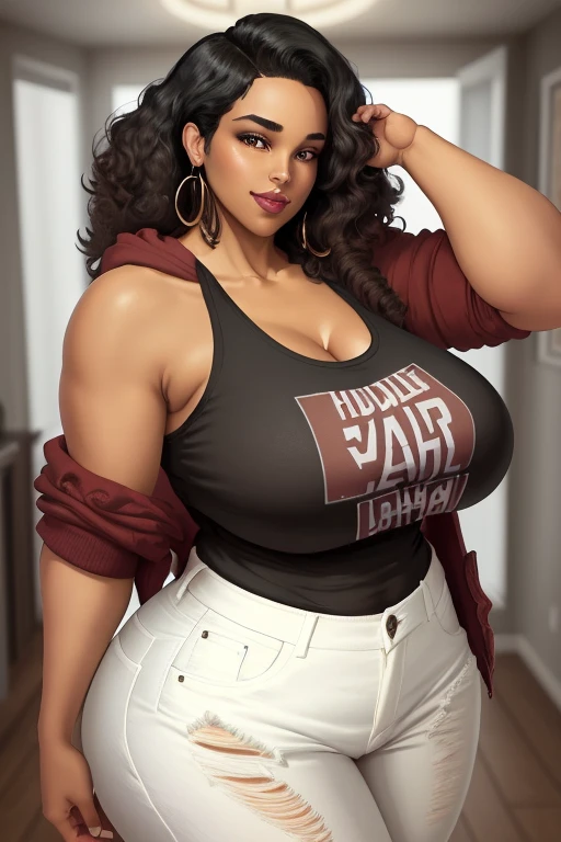A solo woman exudes confidence and allure in this captivating image, dressed in a high-quality light brown hoodie that perfectly complements her dark brown skin. With a body that is both very curvy and thick, she commands attention with her pretty features, including massive and a massive ass. Hemile radiates warmth and invites you in, while her short, curly black hair is expertly styled in a side part that frames her radiant brown eyes.
Her outfit is simple yet provocative, with a white tank top that clings to her ample cleavage a jeans that highlight her mature, seductive . Her full lips are painted a bold shade of red, and her brown