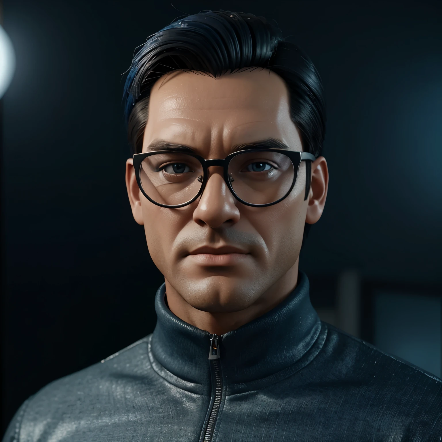 Cartoon character of a man in black glasses and blue shirt, um personagem animado, Caractere estilizado, animation style rendering, 3D estilizado, Arnold Maya rendering, Stylized 3D rendering, toon render screenshot, Personagem 3D, Personagem 3D, Stylized 3D rendering, 3D character rendering, personagem de desenho animado, Personagem de close up, Pose de personagem, (Estilo Pixar) (parte mestre:1.2) (Bokeh) (melhor qualidade) (pele detalhada) (textura detalhada) (8k) (argila) (cinematic lighting) (sharp focus,Senta e vaza a parte superior do corpo
