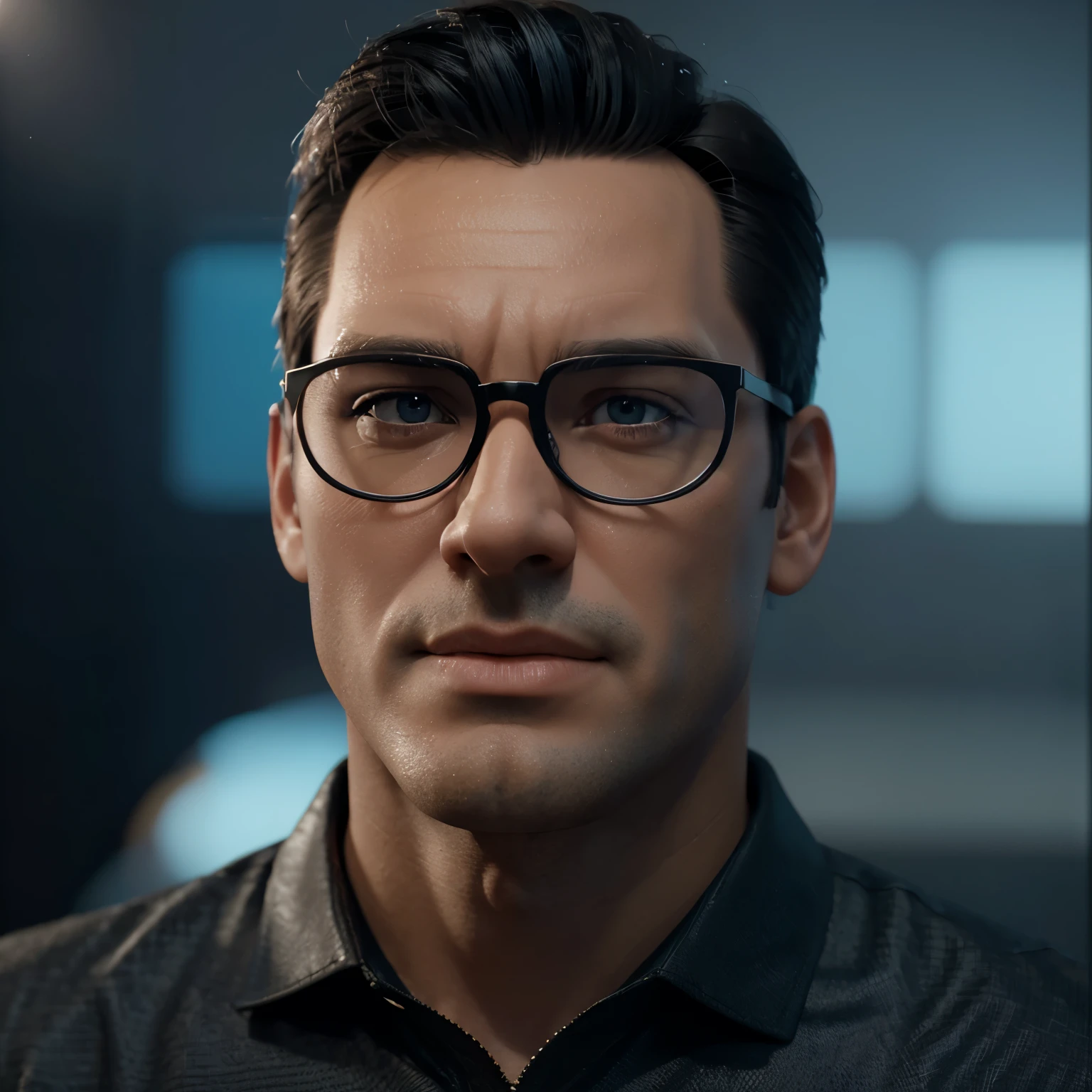 Cartoon character of a man in black glasses and blue shirt, um personagem animado, Caractere estilizado, animation style rendering, 3D estilizado, Arnold Maya rendering, Stylized 3D rendering, toon render screenshot, Personagem 3D, Personagem 3D, Stylized 3D rendering, 3D character rendering, personagem de desenho animado, Personagem de close up, Pose de personagem, (Estilo Pixar) (parte mestre:1.2) (Bokeh) (melhor qualidade) (pele detalhada) (textura detalhada) (8k) (argila) (cinematic lighting) (sharp focus,Senta e vaza a parte superior do corpo