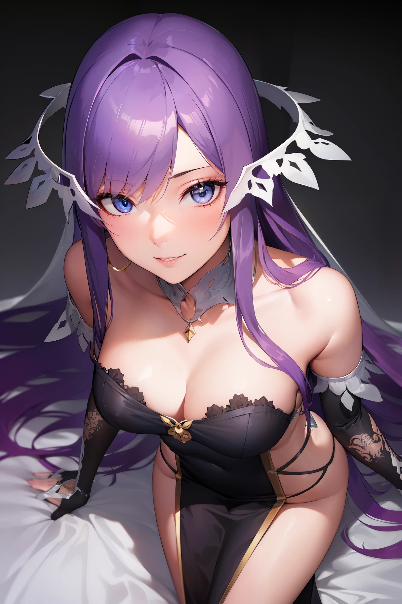 quinella, quinella, absurdly long hair, (purple eyes:1.1), long hair, parted bangs, purple hair, very long hair, hair ornament,medium breast,
BREAK (black long dress,bridal gauntlets,jewelry,bare shoulders, cleavage, detached sleeves,elbow gloves,collarbone:1.2),
BREAK leaning forward, looking at viewer, smile, from above,
BREAK (masterpiece:1.2), best quality, high resolution,NSW ,unity 8k wallpaper, (illustration:0.8), (beautiful detailed eyes:1.6), extremely detailed face, perfect lighting, extremely detailed CG, (perfect hands, perfect anatomy),