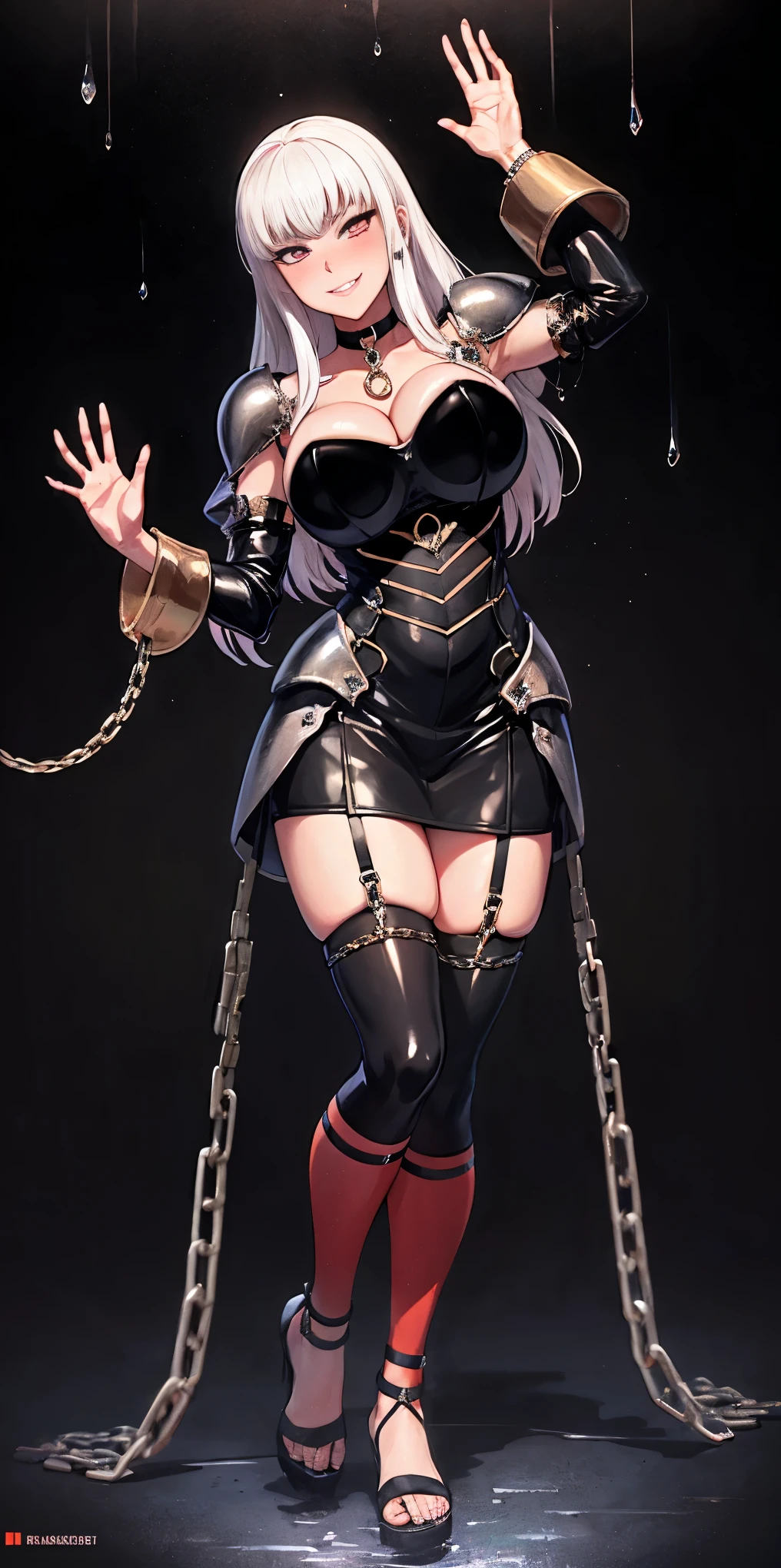 dark fantasy anime illustration of a (mature MILF BIMBO albino skin and short white hair), (FULL BODY) perfect face, wearing tight leather stealth armor, stalking, BIG KNOCKERS CLEAVAGE, lustful smirking smile red blush red cheeks, chain leash, kneeling, shackles, leather black collar slave, ((BLACK background)) hands on glass WITH KNOCKERS on glass, glass window fog water drop, 5 fingers each hand, metal handcuffs, black choker collar, thigh highs, long legs, metal ankle, metal sandals, metal shoulders, standing straight symmetrical against glass