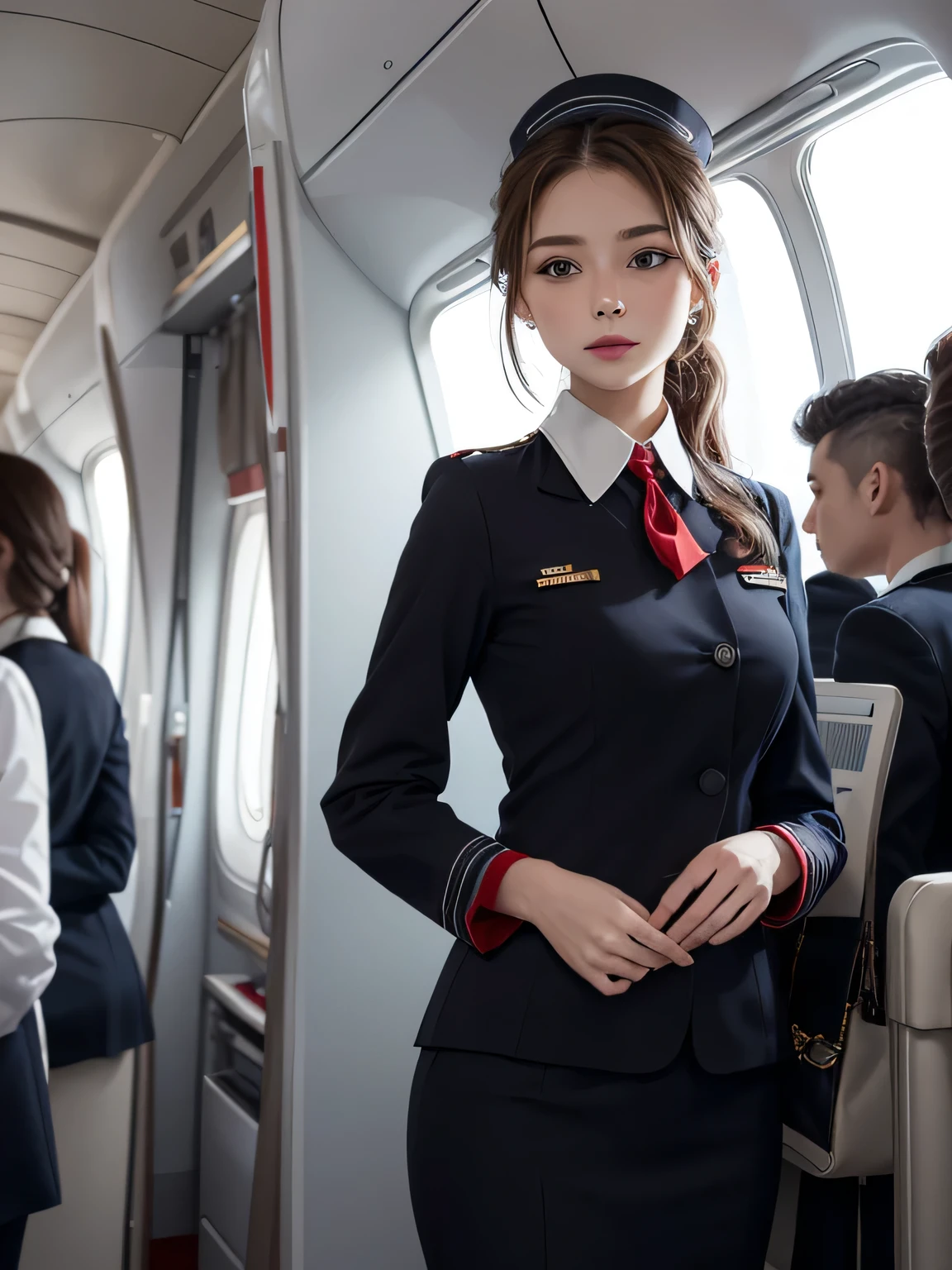{{{16k}}},{{{masterpiece:1.2}}}, {{{best quality}}}, {{{ultra detailed}}},{{{an extremely delicate and beautiful}}},1 Woman Standing, stewardess, (stewardess(red) uniform) ,Cabin attendant&#39;s tie,((her legs spread legs:1.3)),Showcasing cleavage, beautiful girl, (smile:1.4),black hair,medium hair,Big eyes, large breasts, Skinny,Blushing happy smile, (Airplane Seats,indoor,((looking at the camera:1.2)),from above