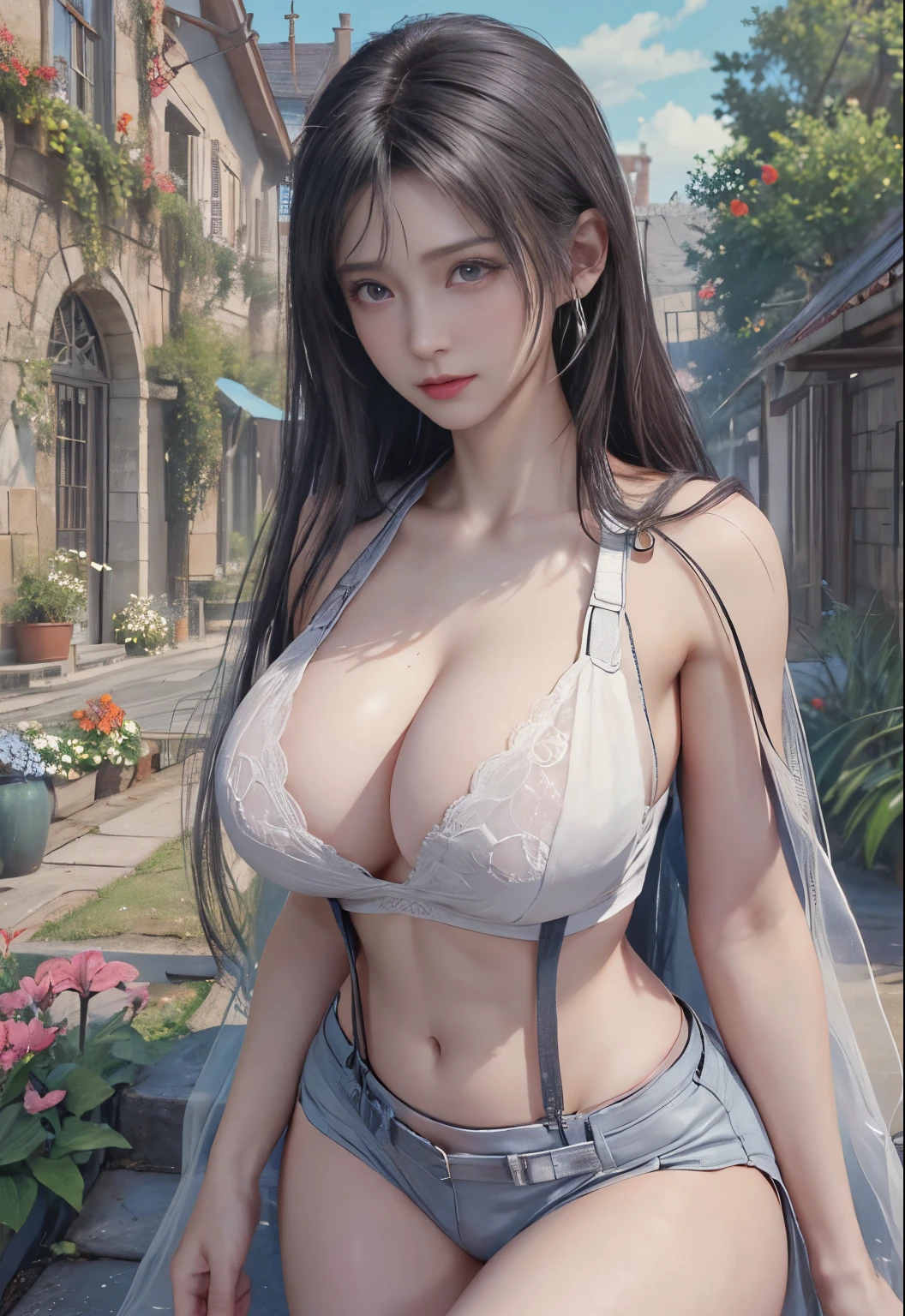 masterpiece, 最high quality, Ultra-high resolution, (Realistic:1.4), Detailed beautiful face, , One girl, Tifa_Lockhart, Final Fantasy VII Remake, Stunning European Women, suspenders,Black low rise mini skirt, White Tank Top, A tense shirt, Long straight black hair, Very beautiful and shining eyes、Sweating, blush ,Beautiful feet, So cute, Close-upポトレイト, 柔らかい肌のPerfect Faceを持つ素敵な, Perfect Face, Huge breasts, 、Chainetter、thigh、In the dungeon, scar, Complete diagram, Shapely hips, 8k resolution,Surreal,Ultra-detailed,high quality, (Huge teardrop chest, Huge breastsの谷間:1.2), Low Cut, Giant tit, Close-up,No bra,A broad perspective