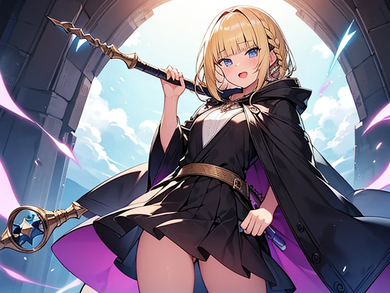 Masterpiece, Top quality, (1 beautiful girl), junior high school student, Blonde, short Hair, Braided hair, wavy Hair, blunt bangs, standard weight, (very flat chest):1.6, (very large dark sorceress long robe with hood):1.3, pleated skirt, smug, open mouth, holding a magic staff, attacking with magic, beautiful scene of fantasy world, cowboy shot, Clothes swaying in the wind, big magic circle